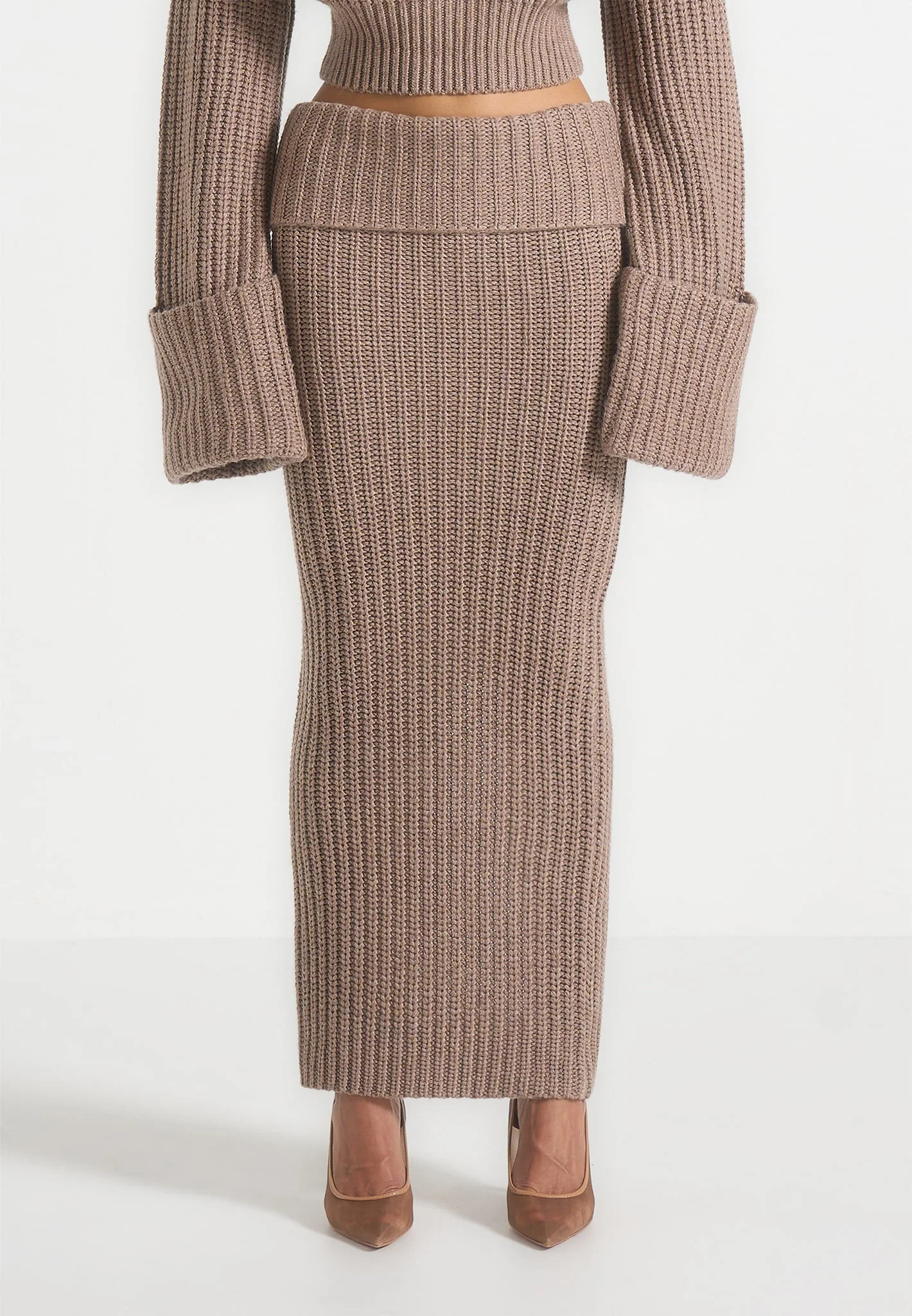 Lyra - Knit Maxi Skirt with Foldover - Taupe - Image 3