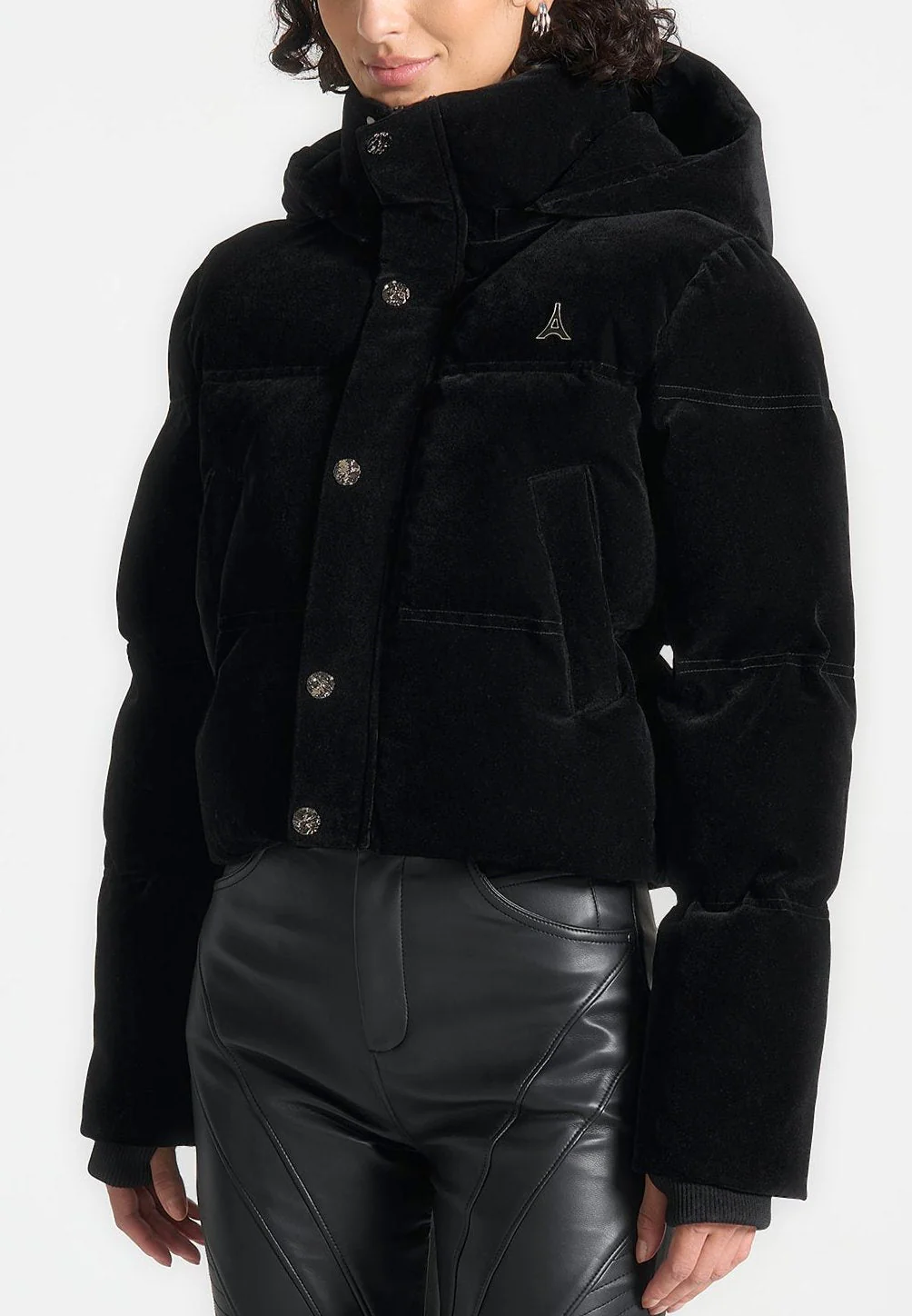 Maeva - Velvet Cropped Puffer Jacket - Black - Image 3