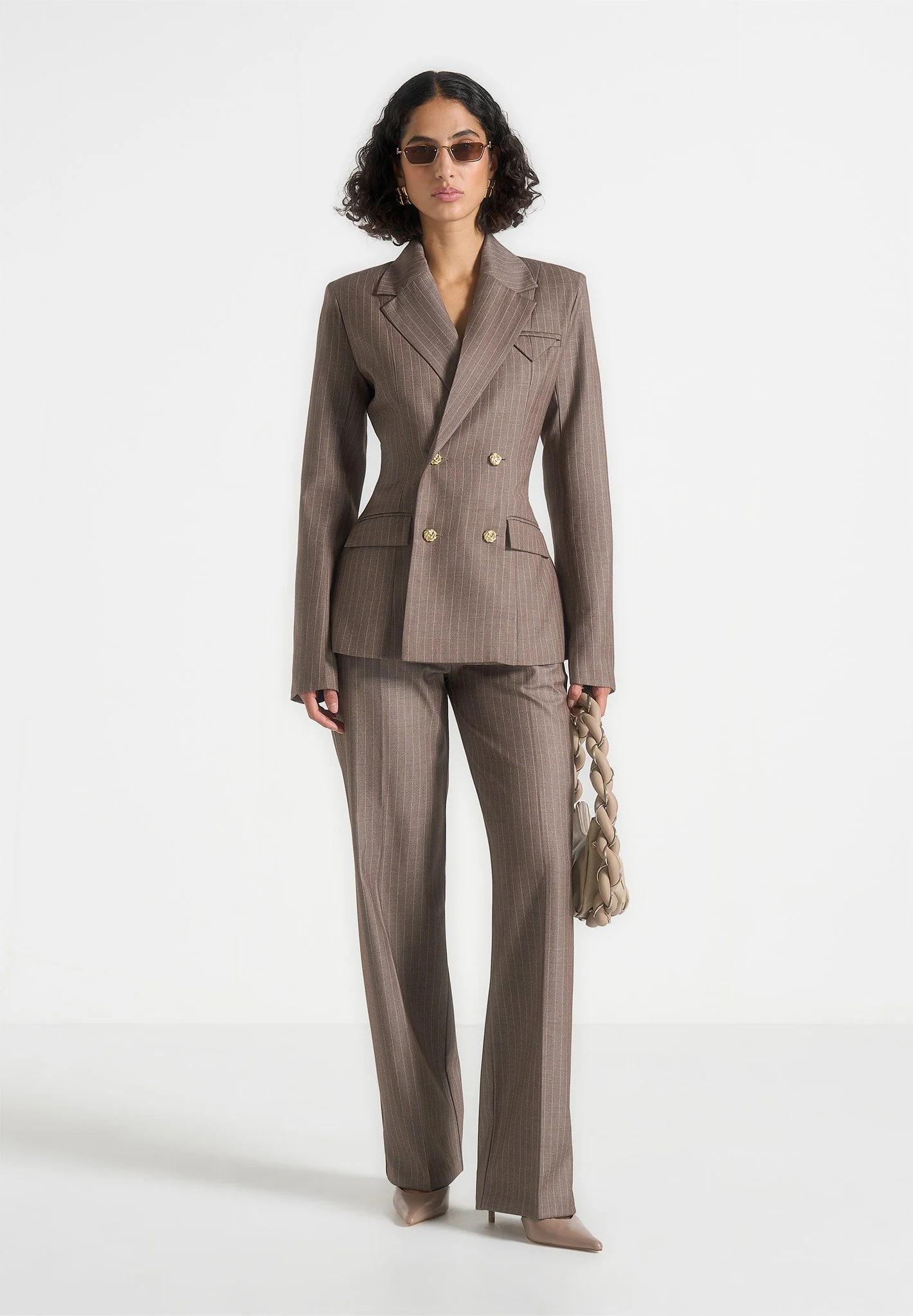 Maia - Pinstripe Double Breasted Blazer - Taupe - Image 2