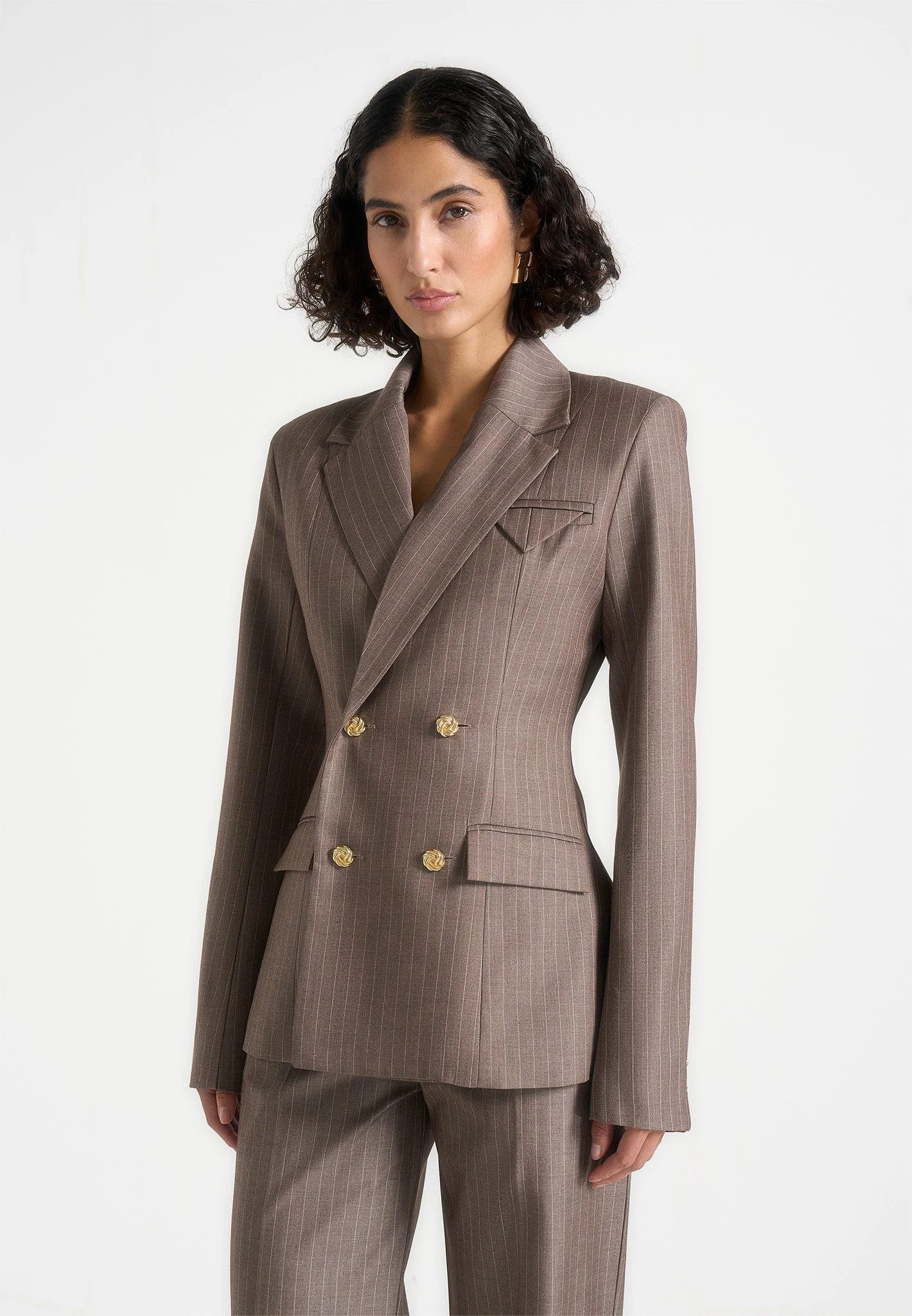 Maia - Pinstripe Double Breasted Blazer - Taupe - Image 4
