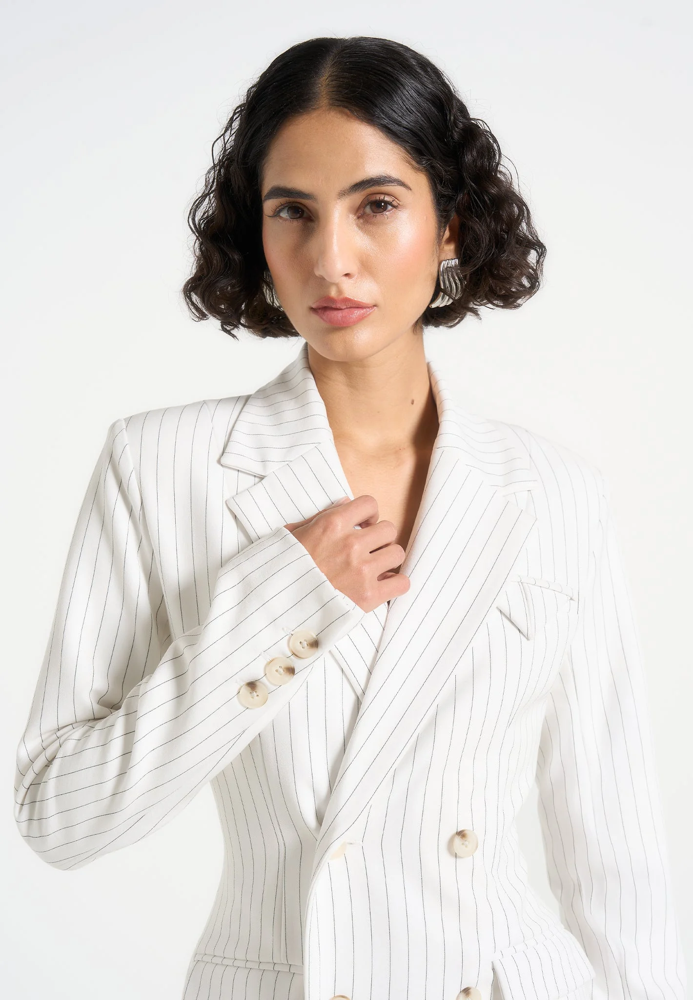 Maia - Pinstripe Double Breasted Blazer - White - Image 5