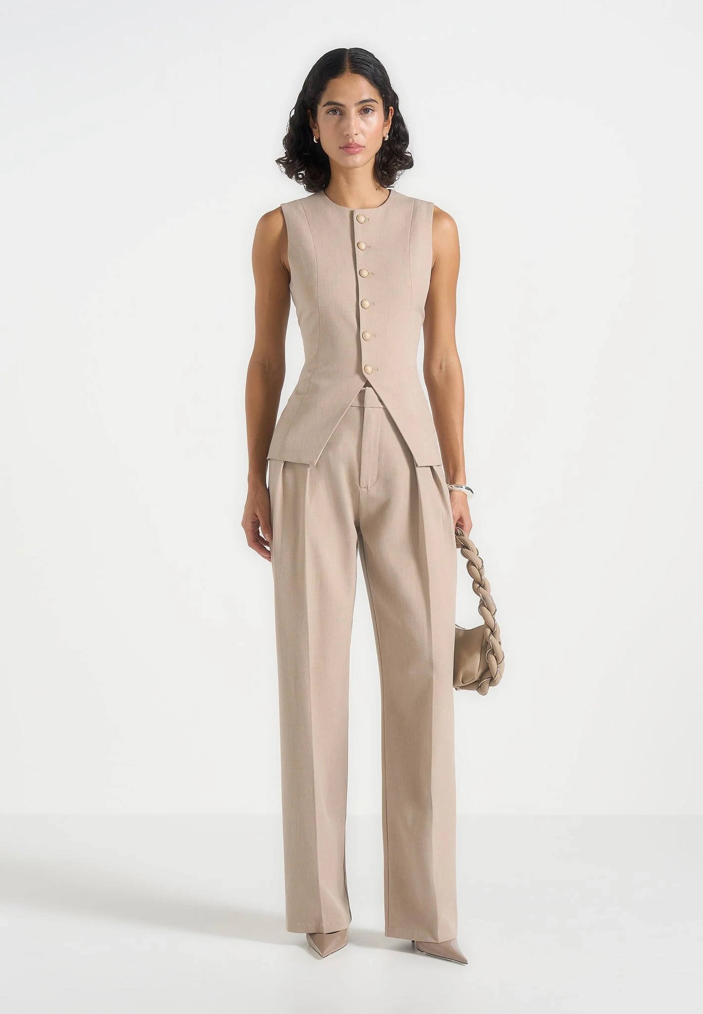 Maisie - Tailored Crew Neck Cinch Waistcoat - Beige - Image 3