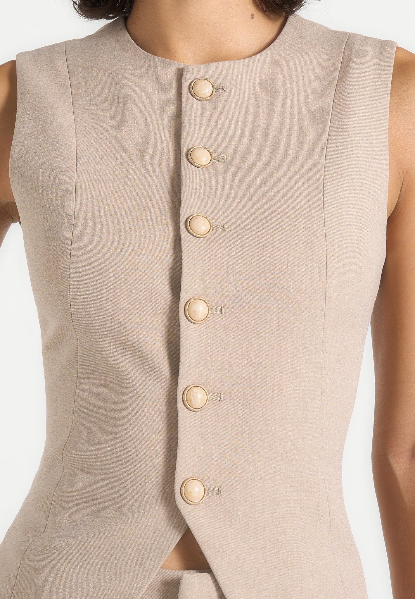 Maisie - Tailored Crew Neck Cinch Waistcoat - Beige - Image 4