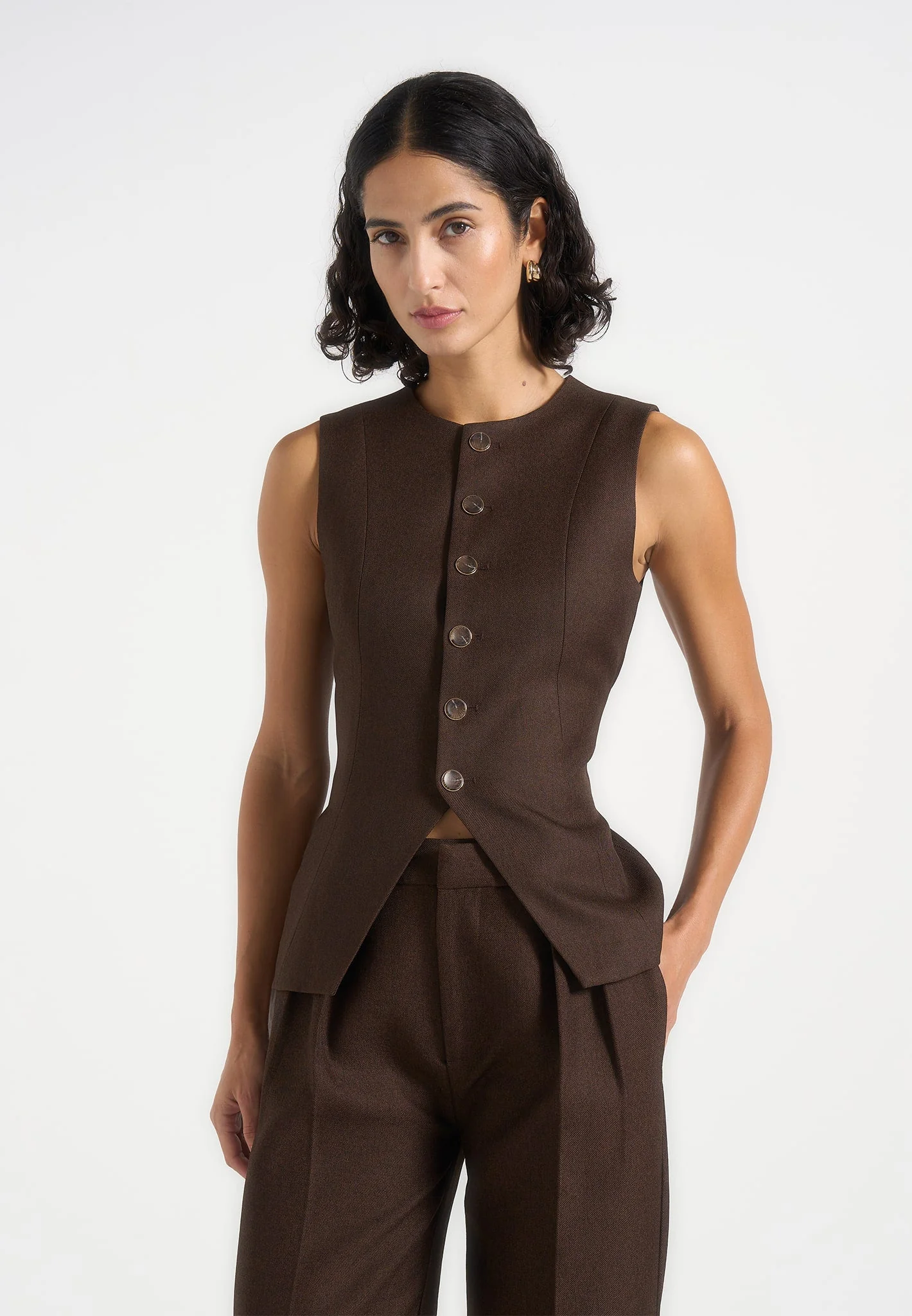 Maisie - Tailored Crew Neck Cinch Waistcoat - Brown - Image 3