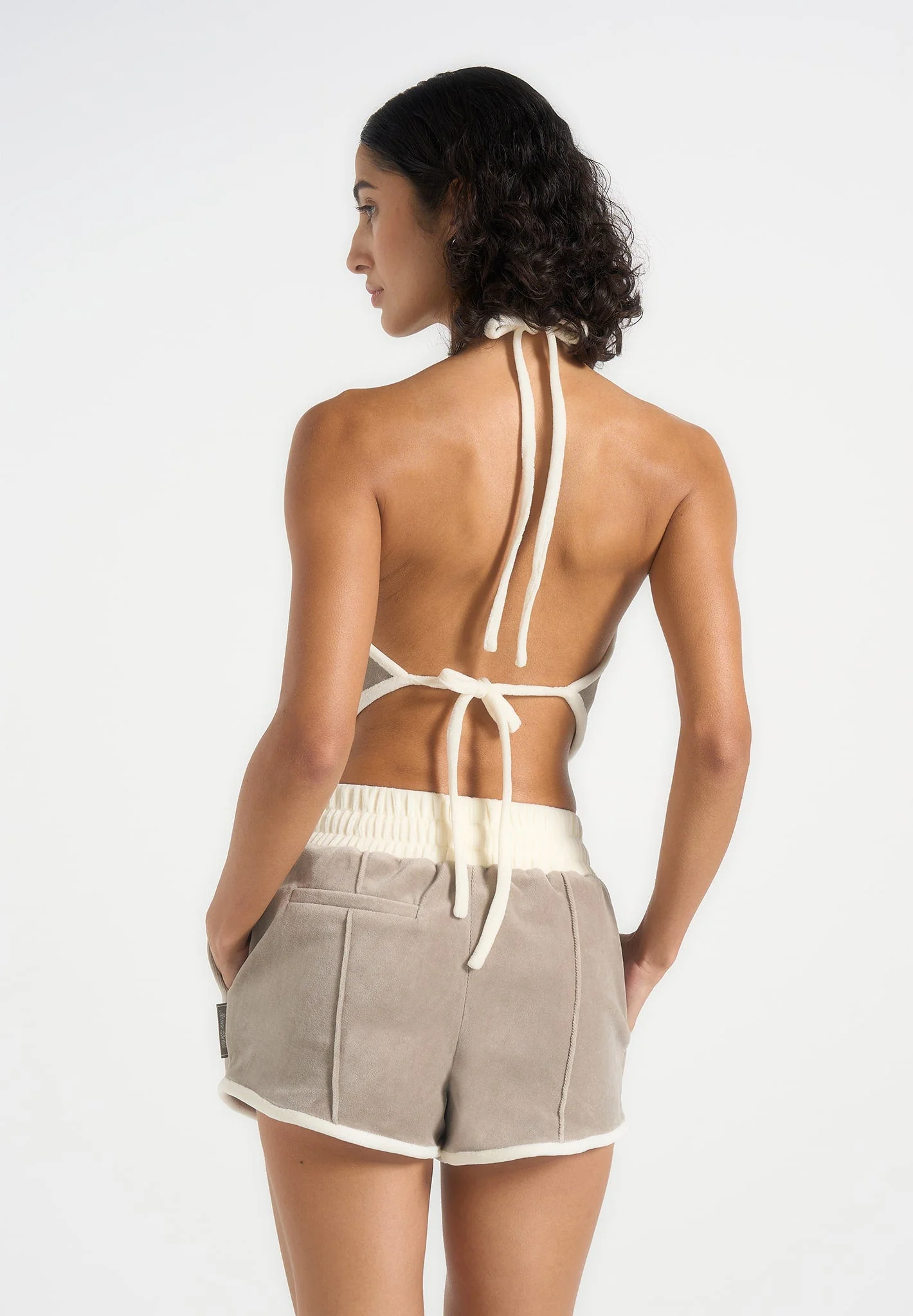Malena - Velour Contrast Halter Top - Taupe - Image 2
