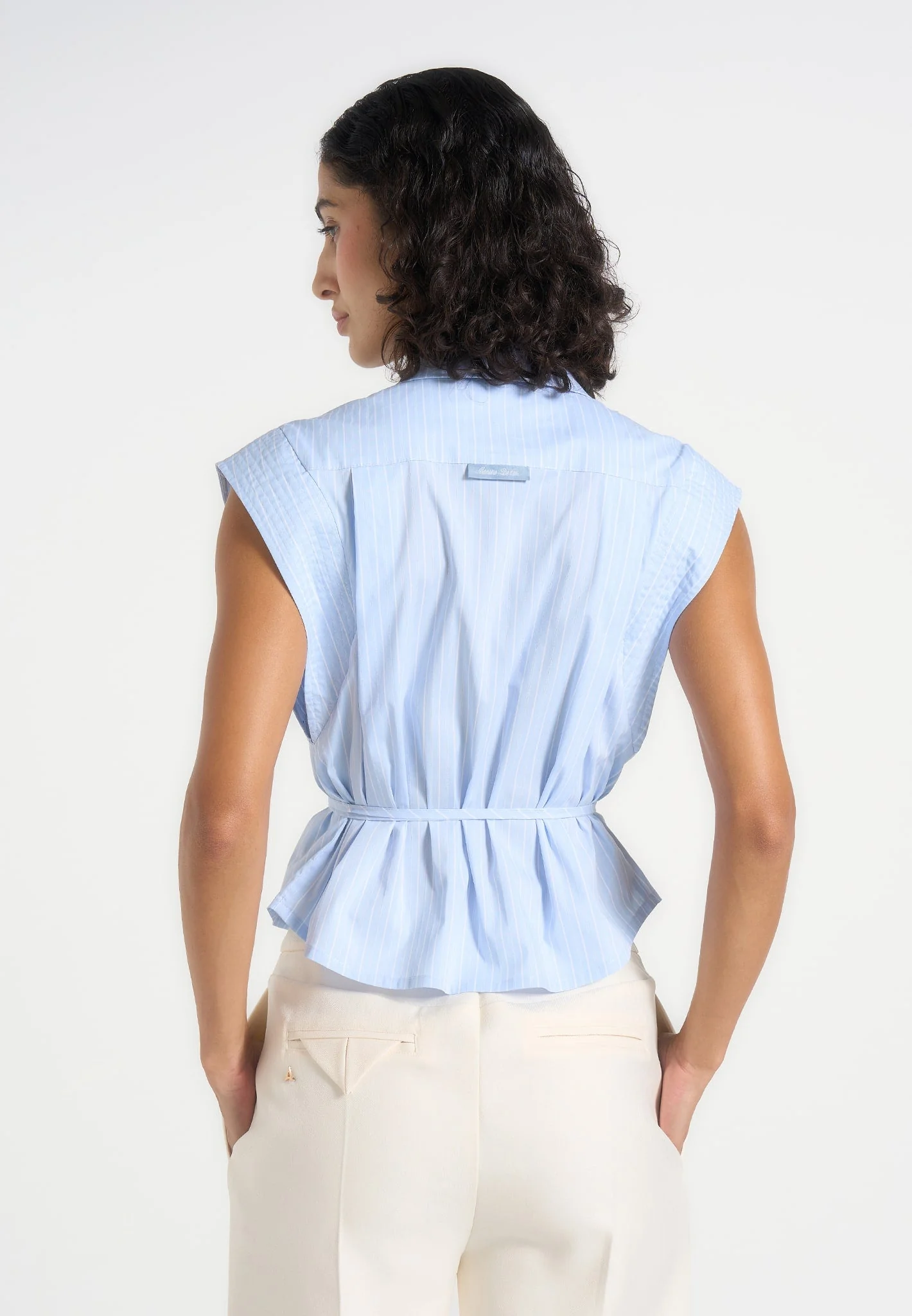 Malia - Sleeveless Tie Waist Cropped Shirt - Pale Blue - Image 2