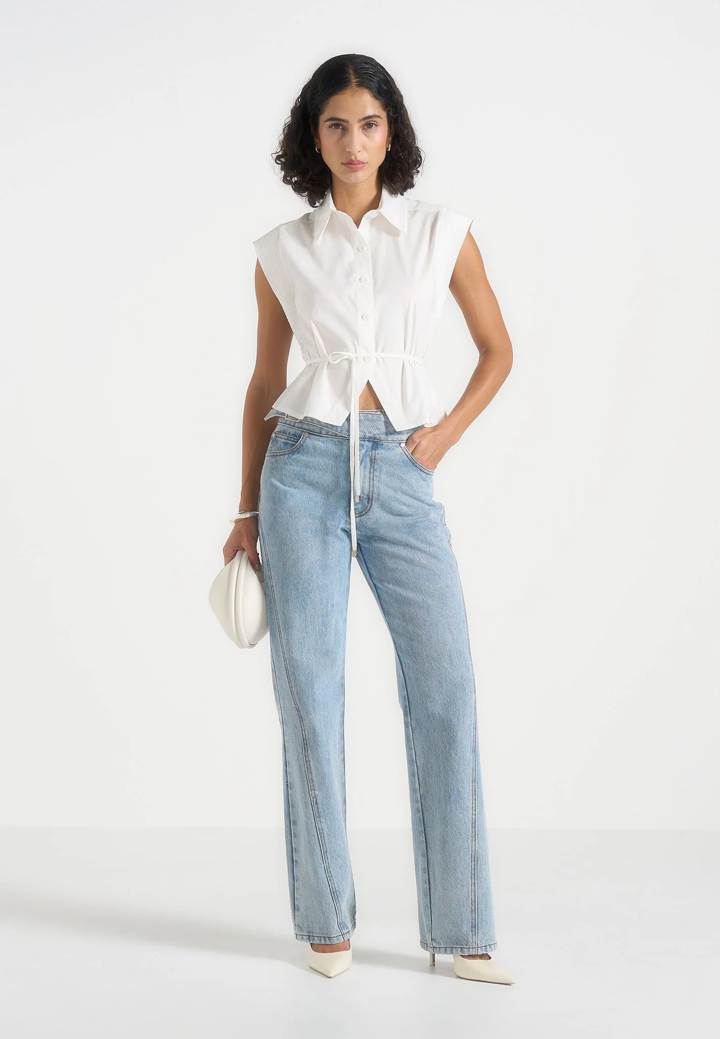 Malia - Sleeveless Tie Waist Cropped Shirt - White - Image 2
