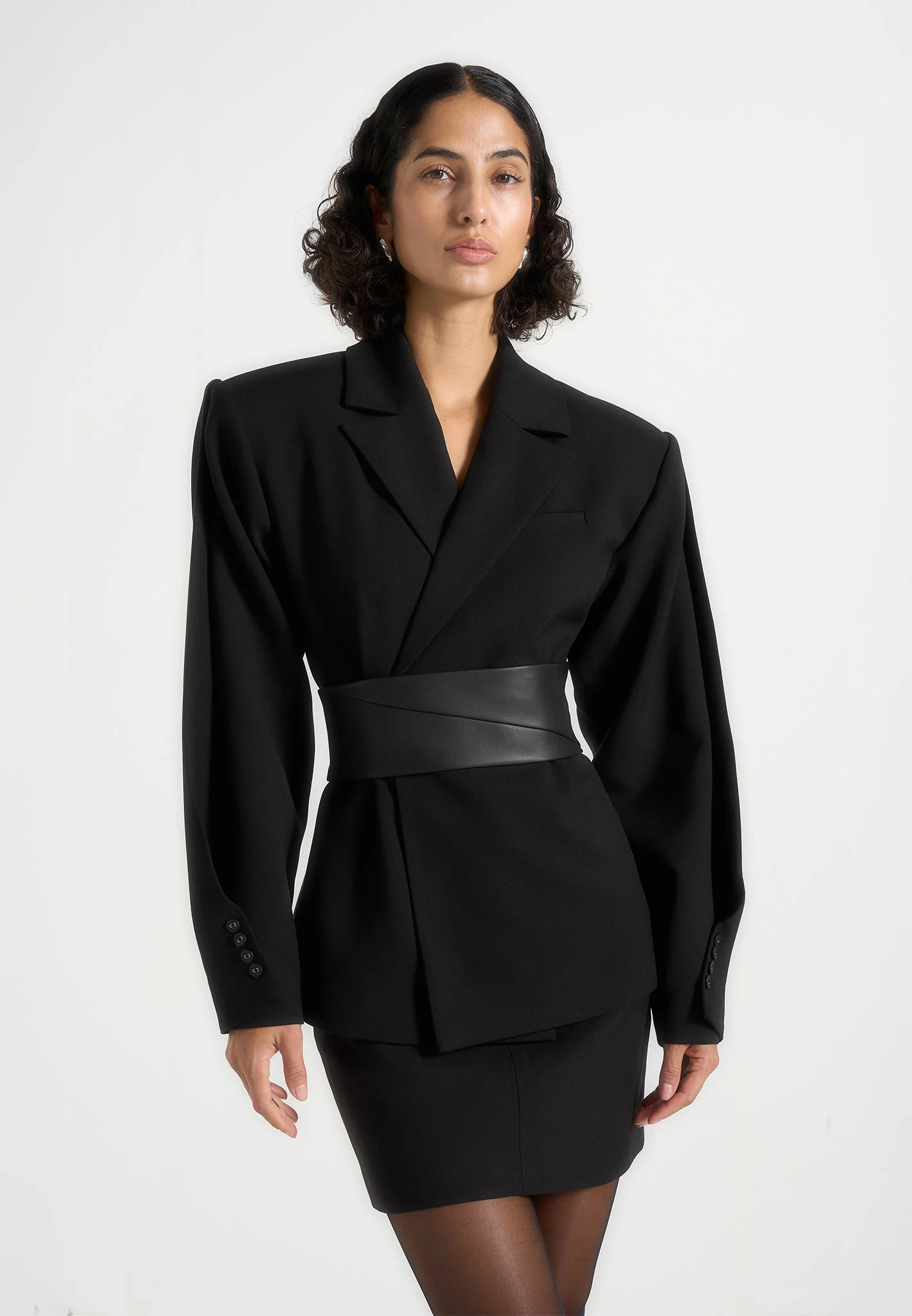 Marie - Twist Sleeve Blazer with Belt - Black - Image 2