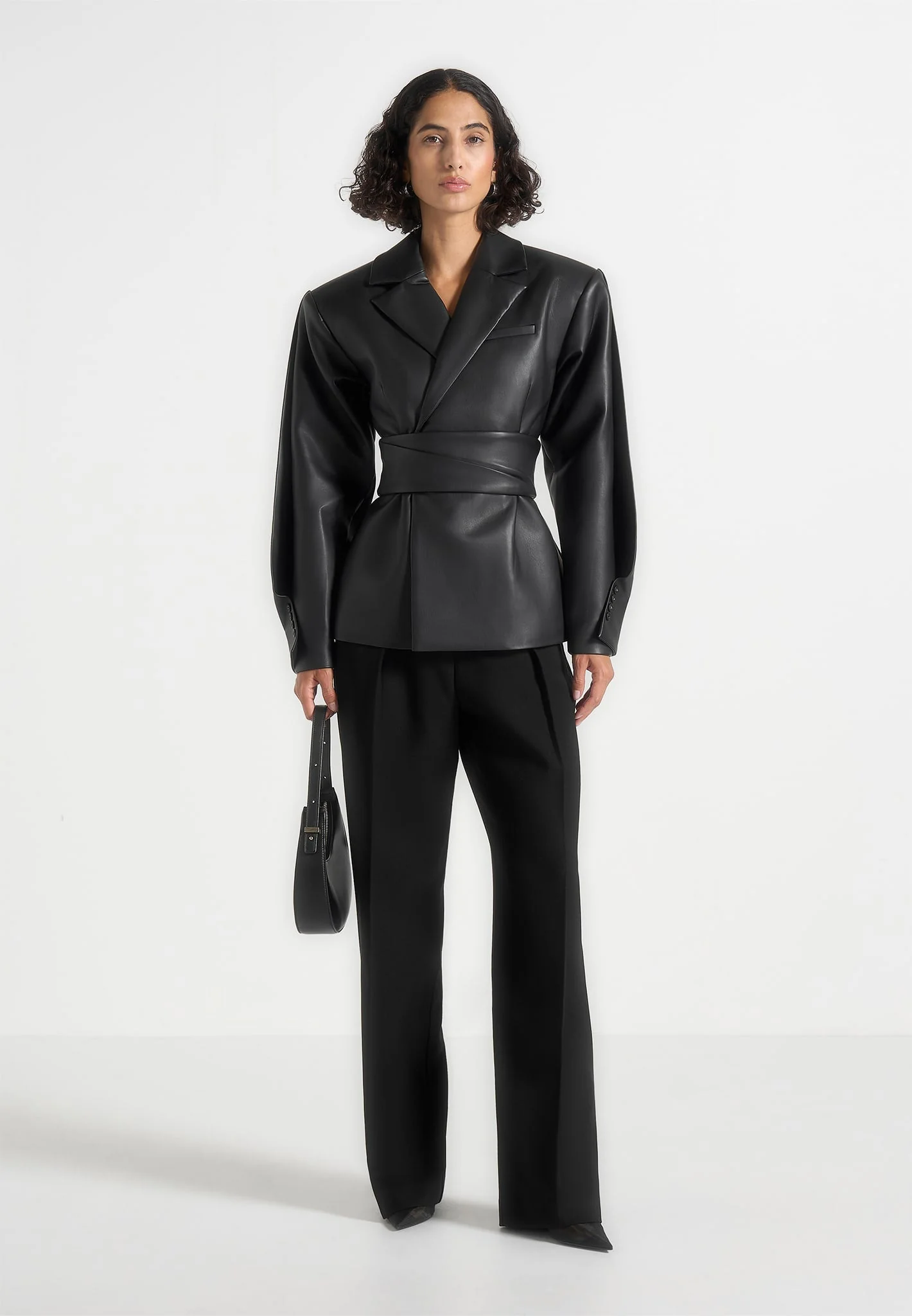 Marie - Twist Sleeve Leather Blazer with Belt - Black - Image 2