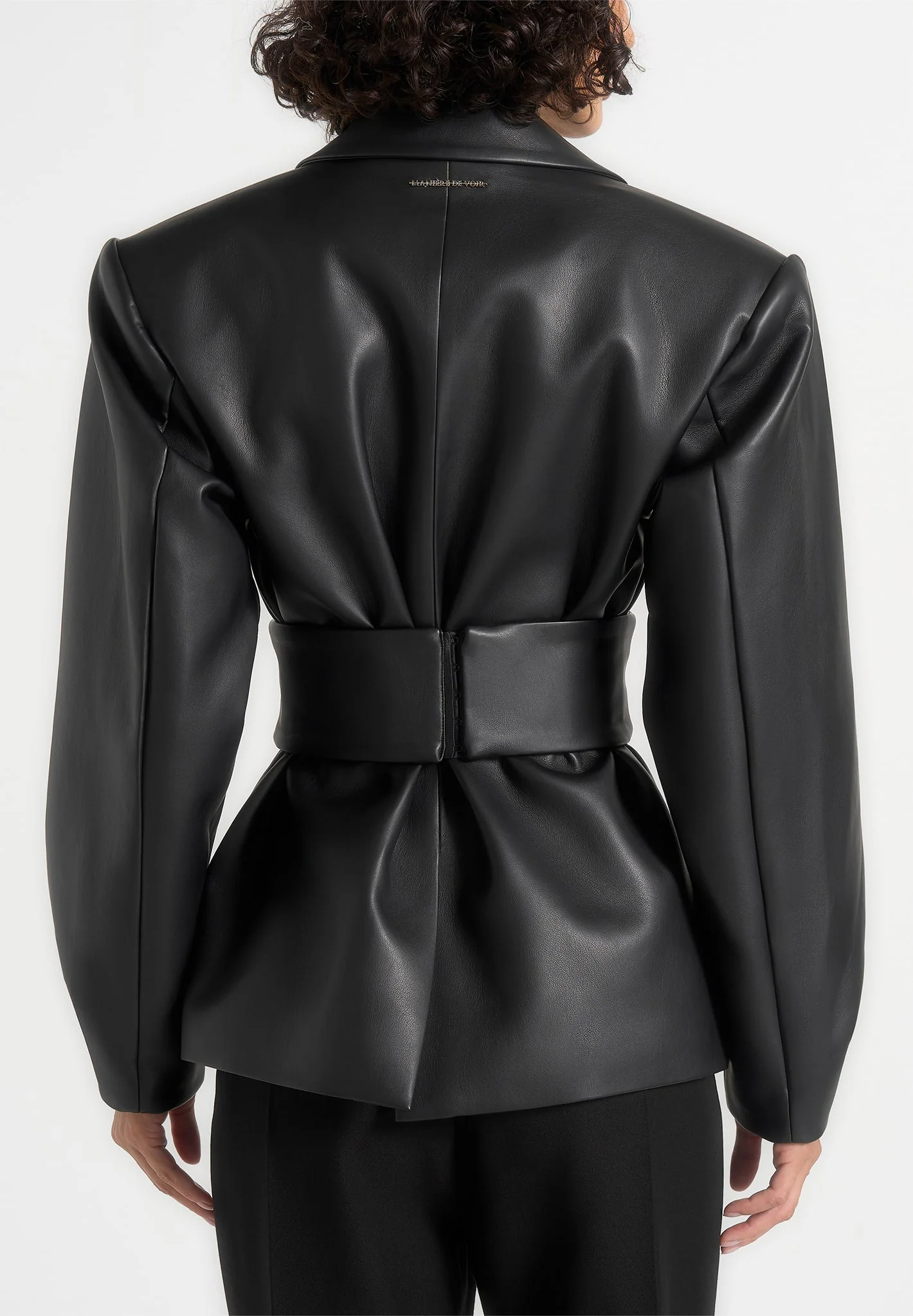 Marie - Twist Sleeve Leather Blazer with Belt - Black - Image 4