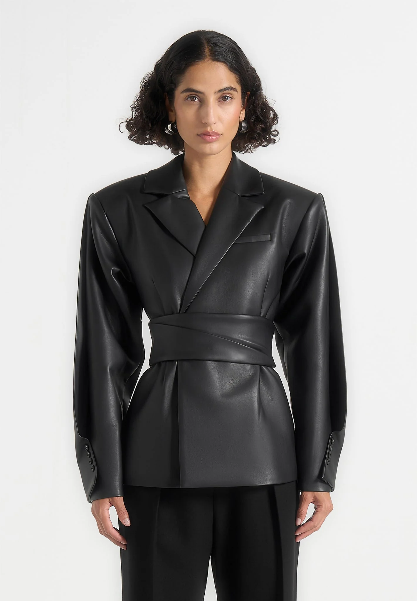 Marie - Twist Sleeve Leather Blazer with Belt - Black - Image 6