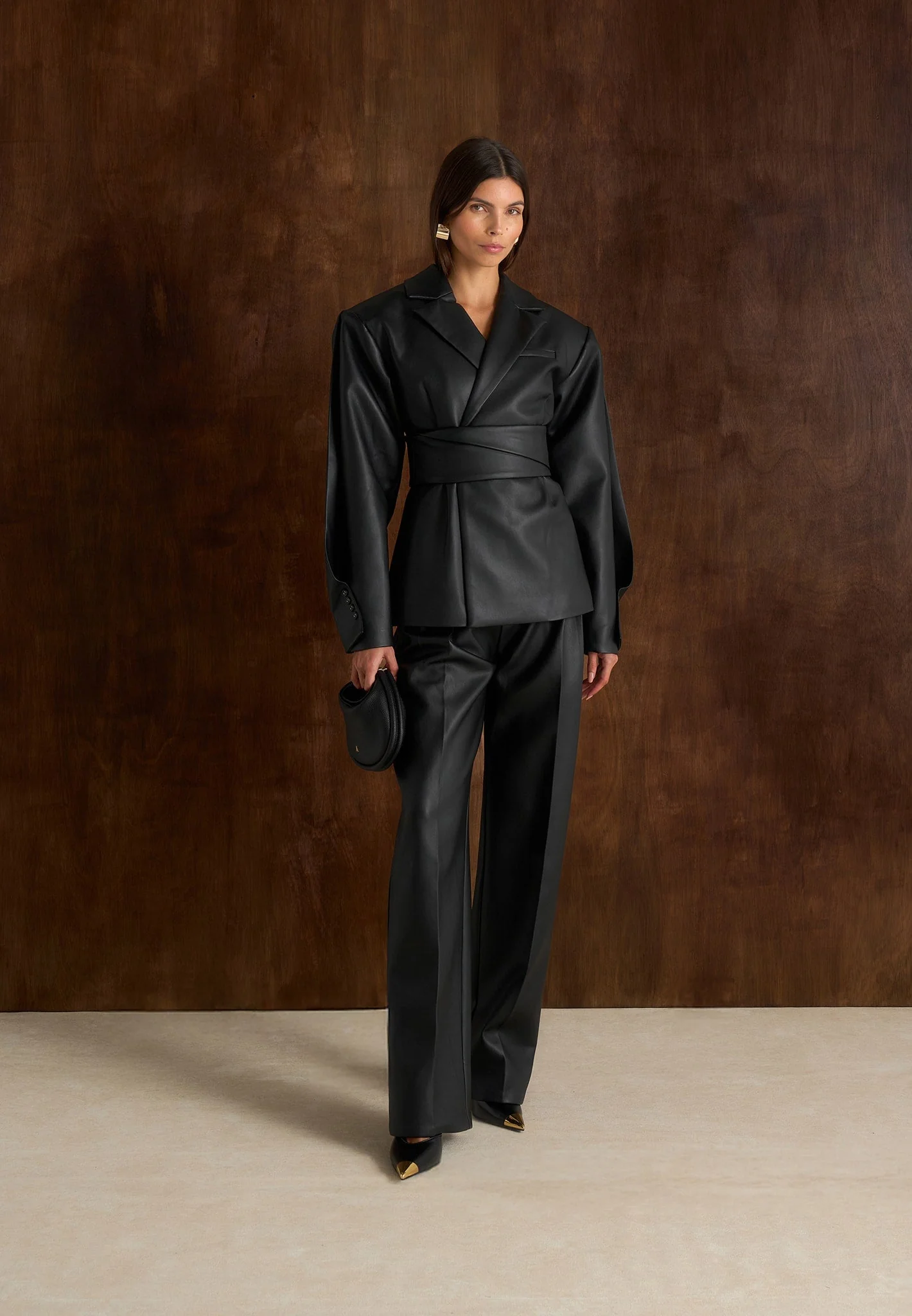 Marie - Twist Sleeve Leather Blazer with Belt - Black - Image 7