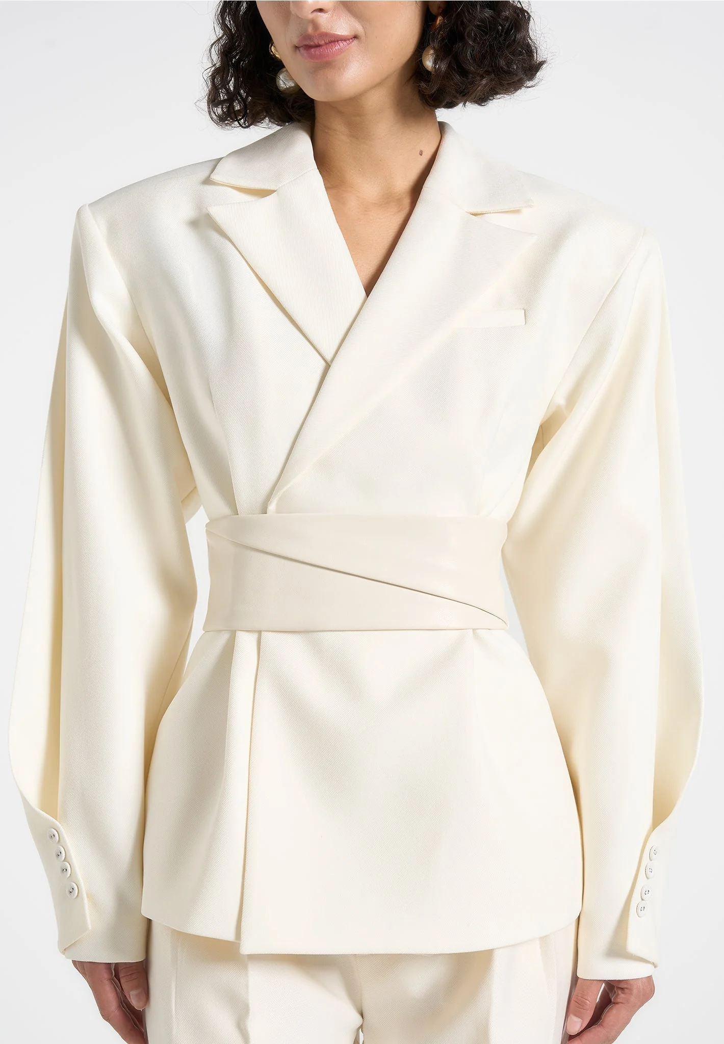Marie - Twist Sleeve Tailored Blazer with Belt - Off White - Image 4