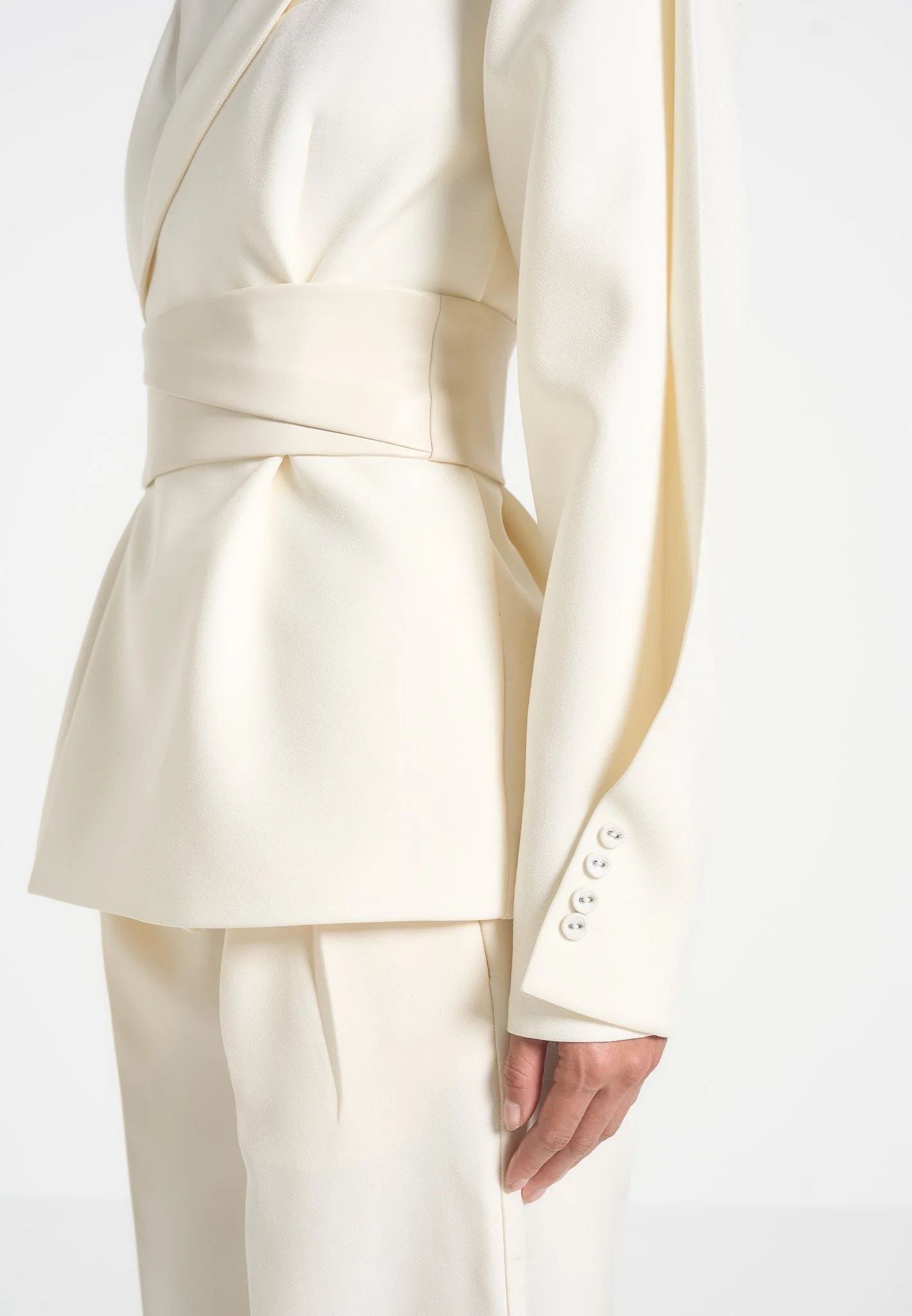 Marie - Twist Sleeve Tailored Blazer with Belt - Off White - Image 5