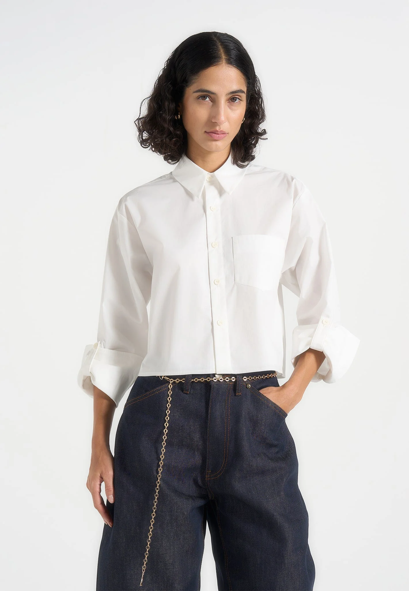 Maura - Oversized Cropped Roll Sleeve Cotton Shirt - White