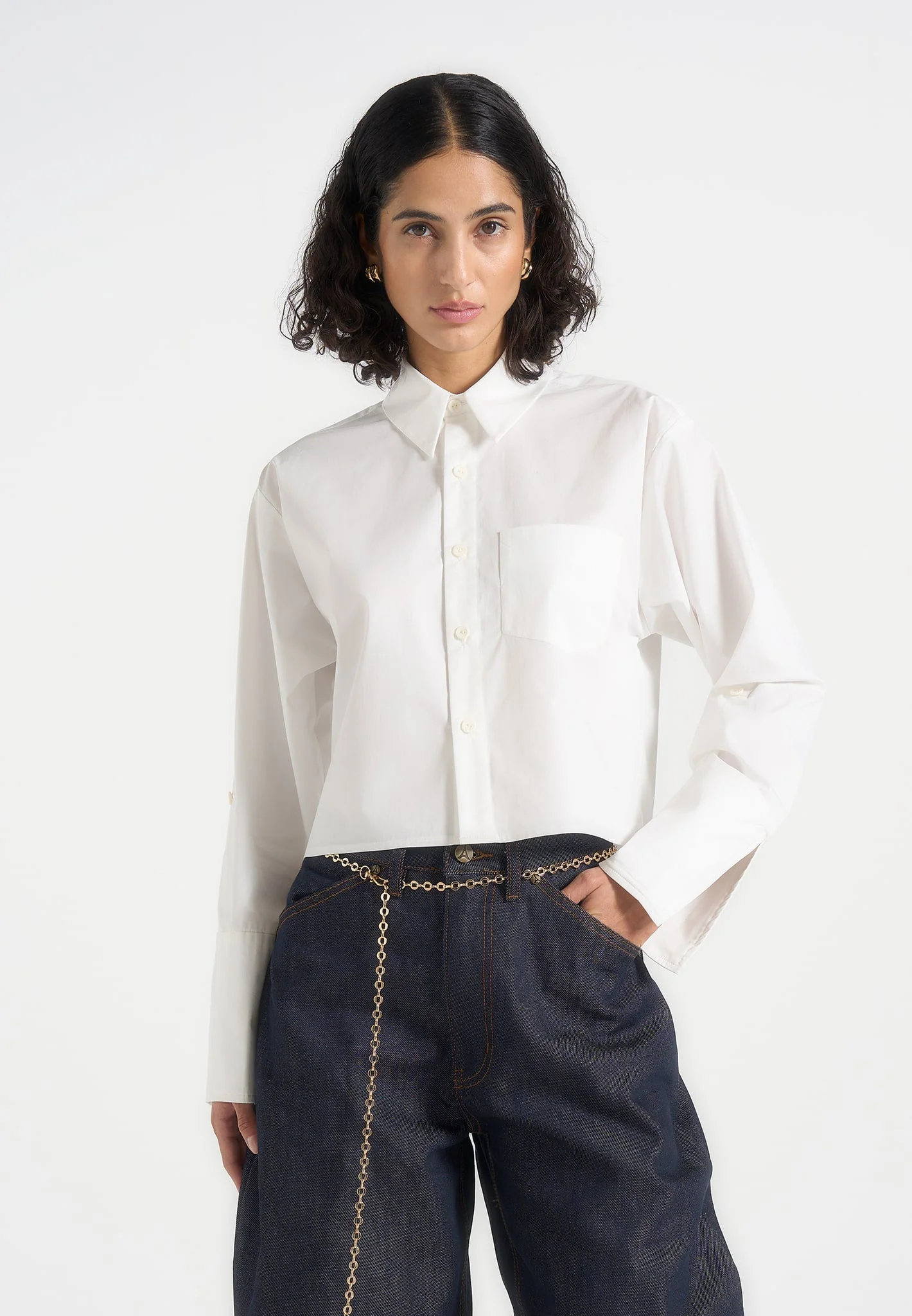 Maura - Oversized Cropped Roll Sleeve Cotton Shirt - White - Image 3