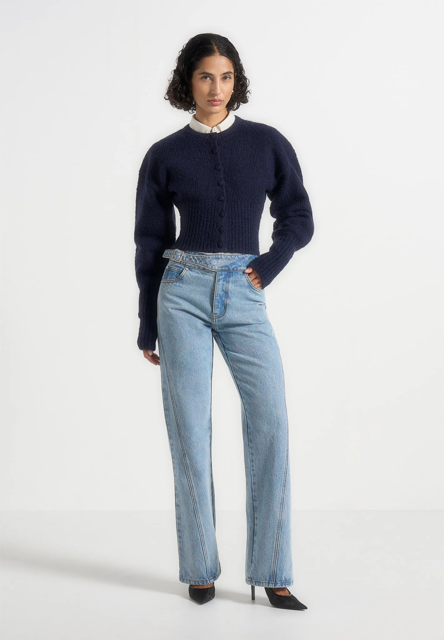 Mayla - Knitted Cinch Waist Cardigan - Navy - Image 2
