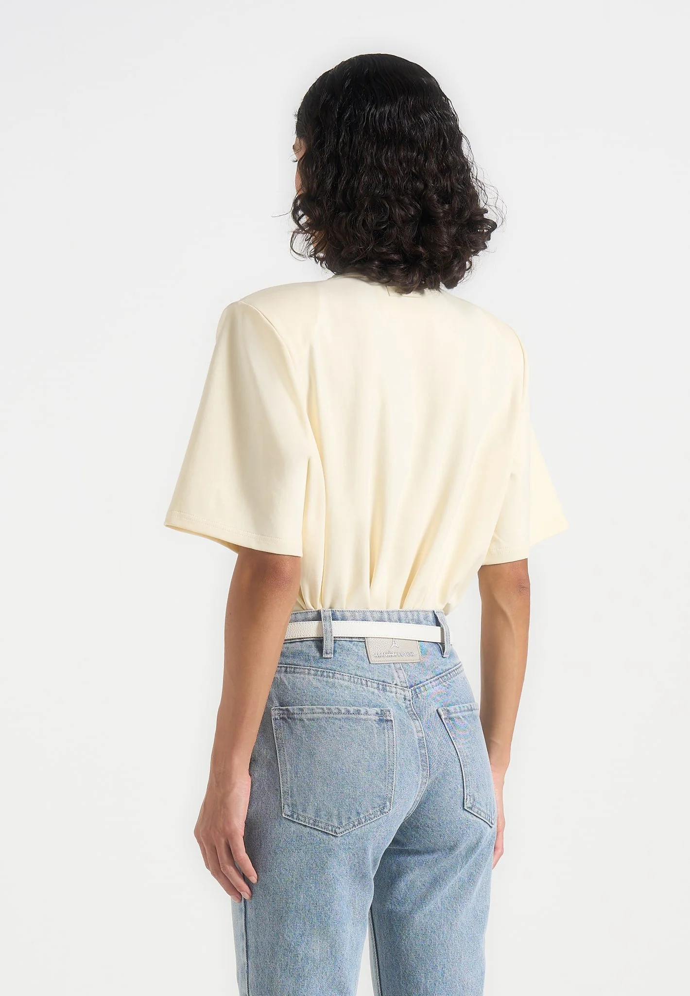 Mia - Wide Shoulder Bodysuit T-Shirt - Pale Yellow - Image 4