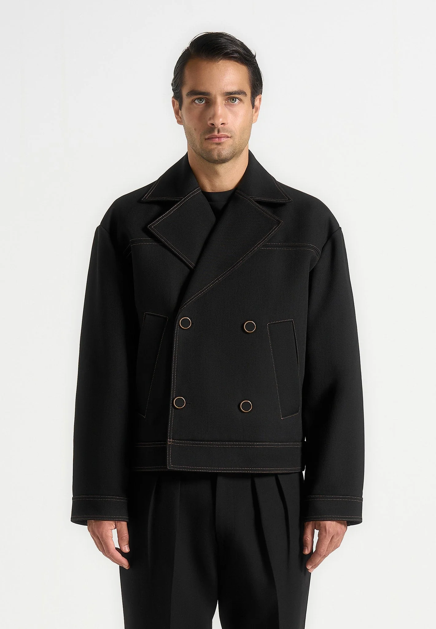 Mika - Unisex Tailored Double Breasted Jacket With Contrast Stitch - Black - Image 11