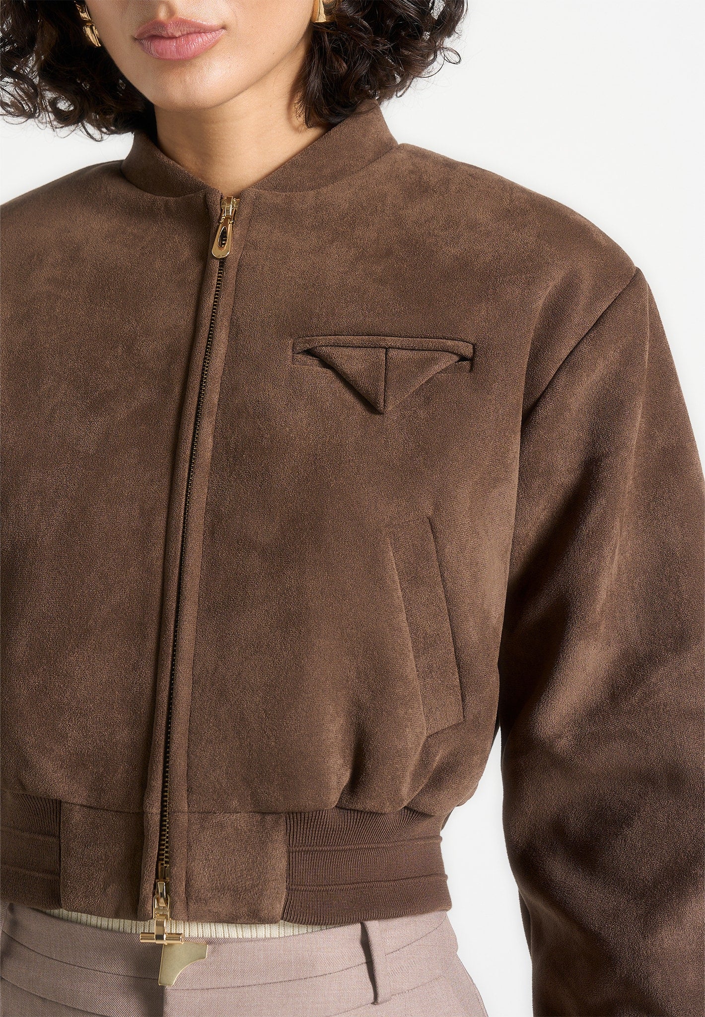 Monique - Suede Wide Shoulder Bomber Jacket - Brown - Image 3