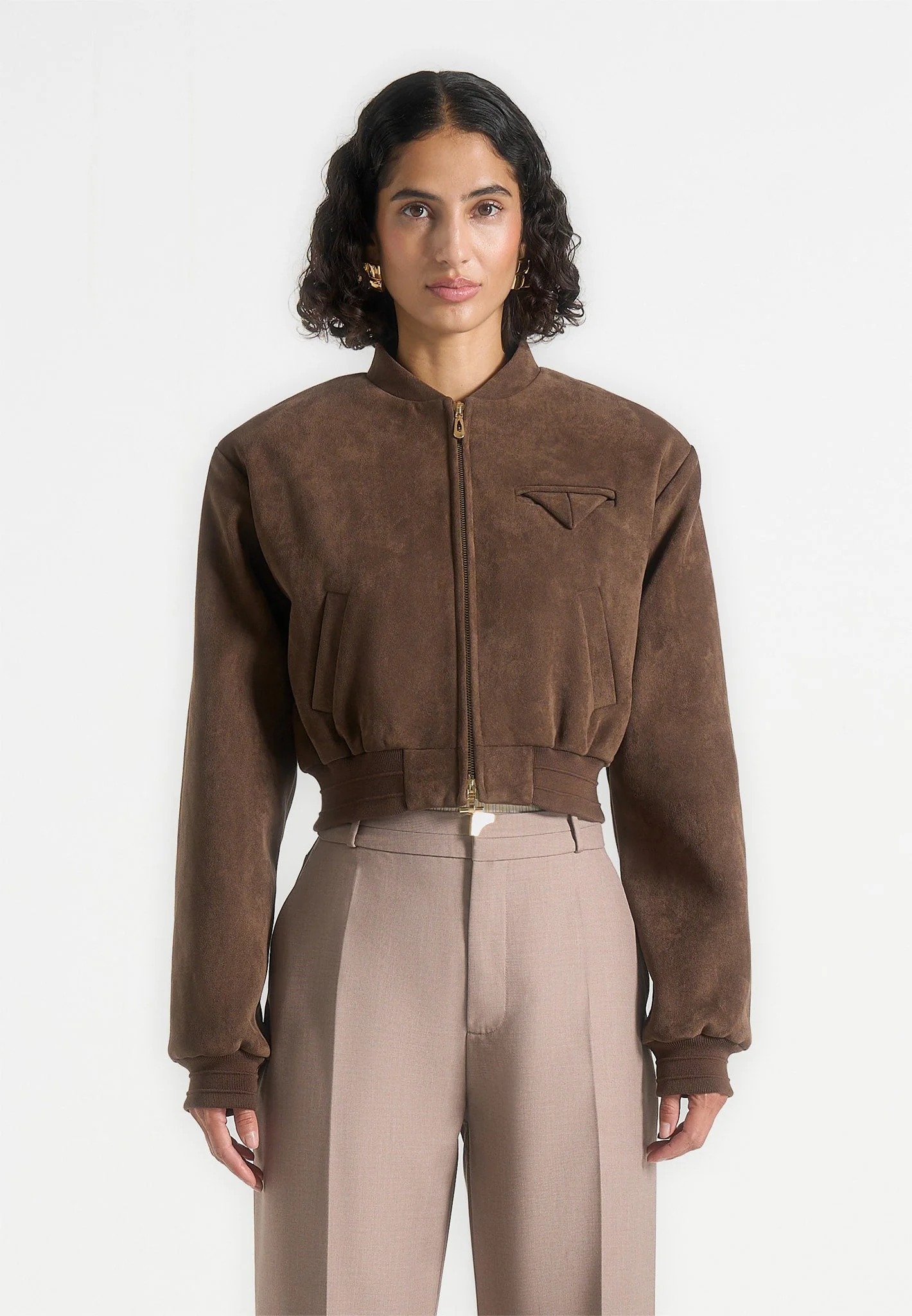 Monique - Suede Wide Shoulder Bomber Jacket - Brown - Image 4