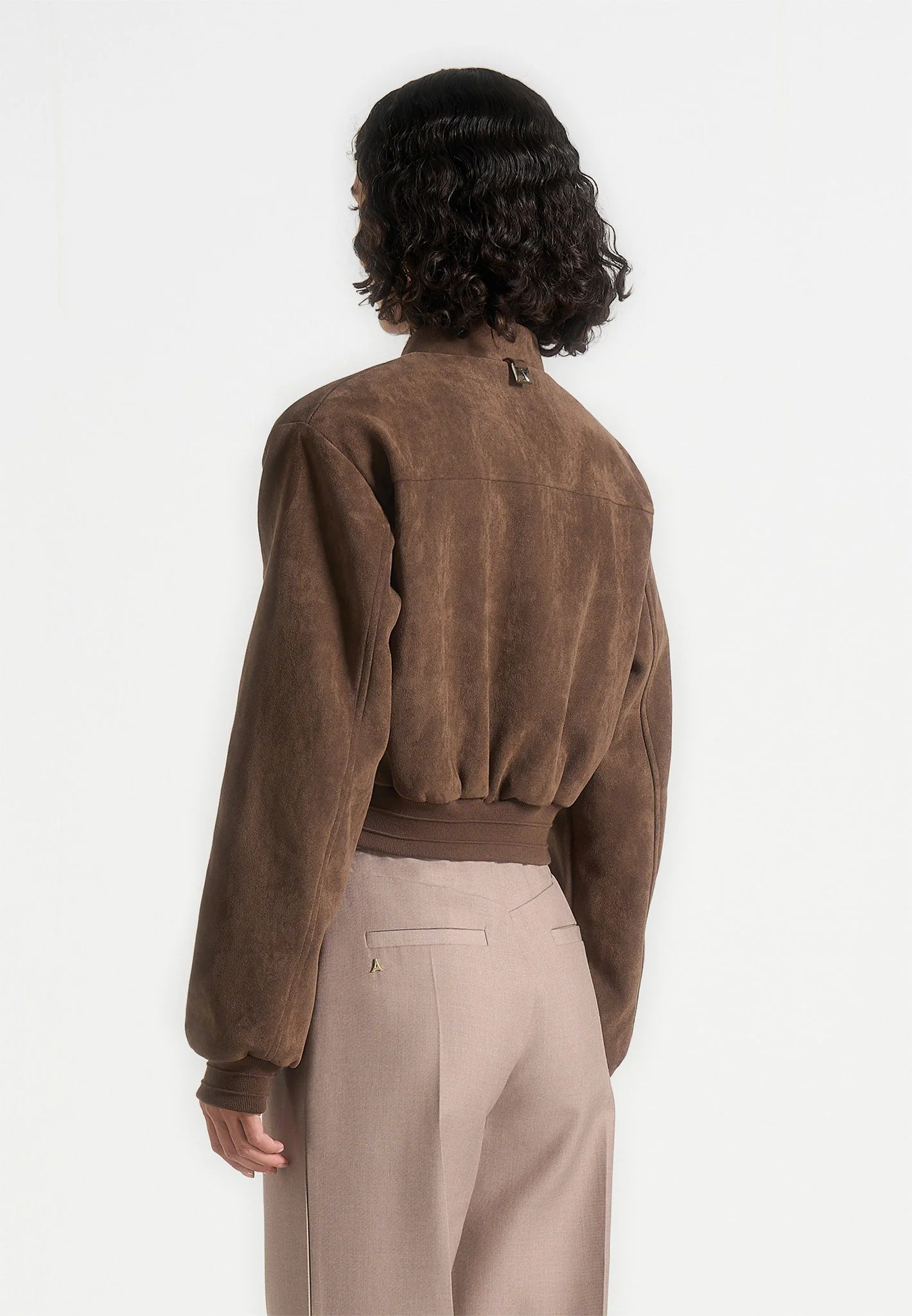 Monique - Suede Wide Shoulder Bomber Jacket - Brown - Image 5
