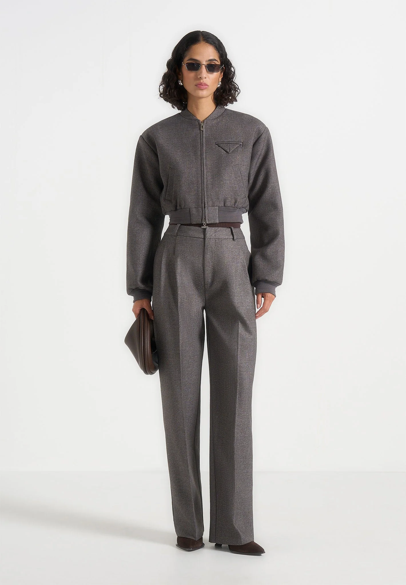 Monique - Tailored Wide Shoulder Bomber Jacket - Grey Speckle - Image 2