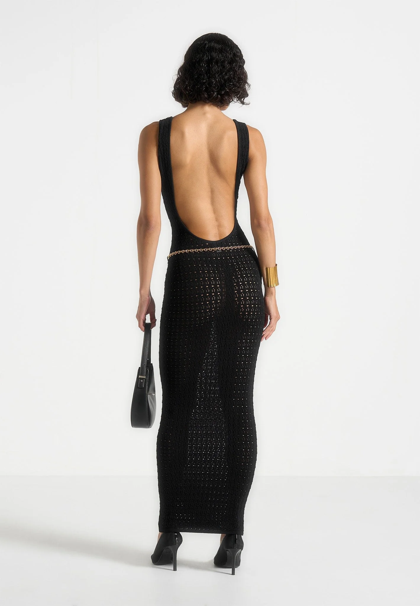 Myriam - Pointelle Plunge Maxi Dress With Chain - Black - Image 3