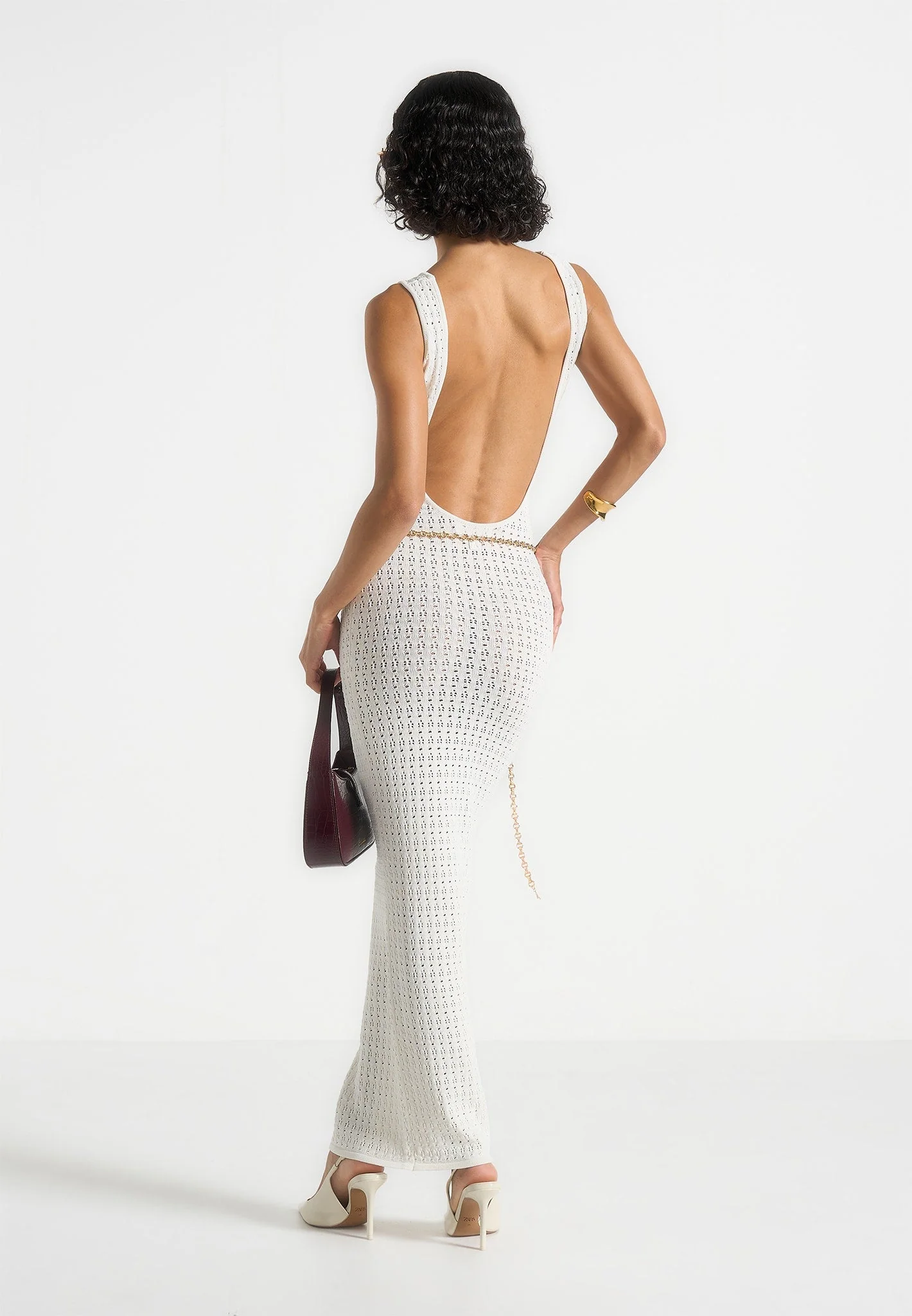 Myriam - Pointelle Plunge Maxi Dress With Chain - Cream - Image 3