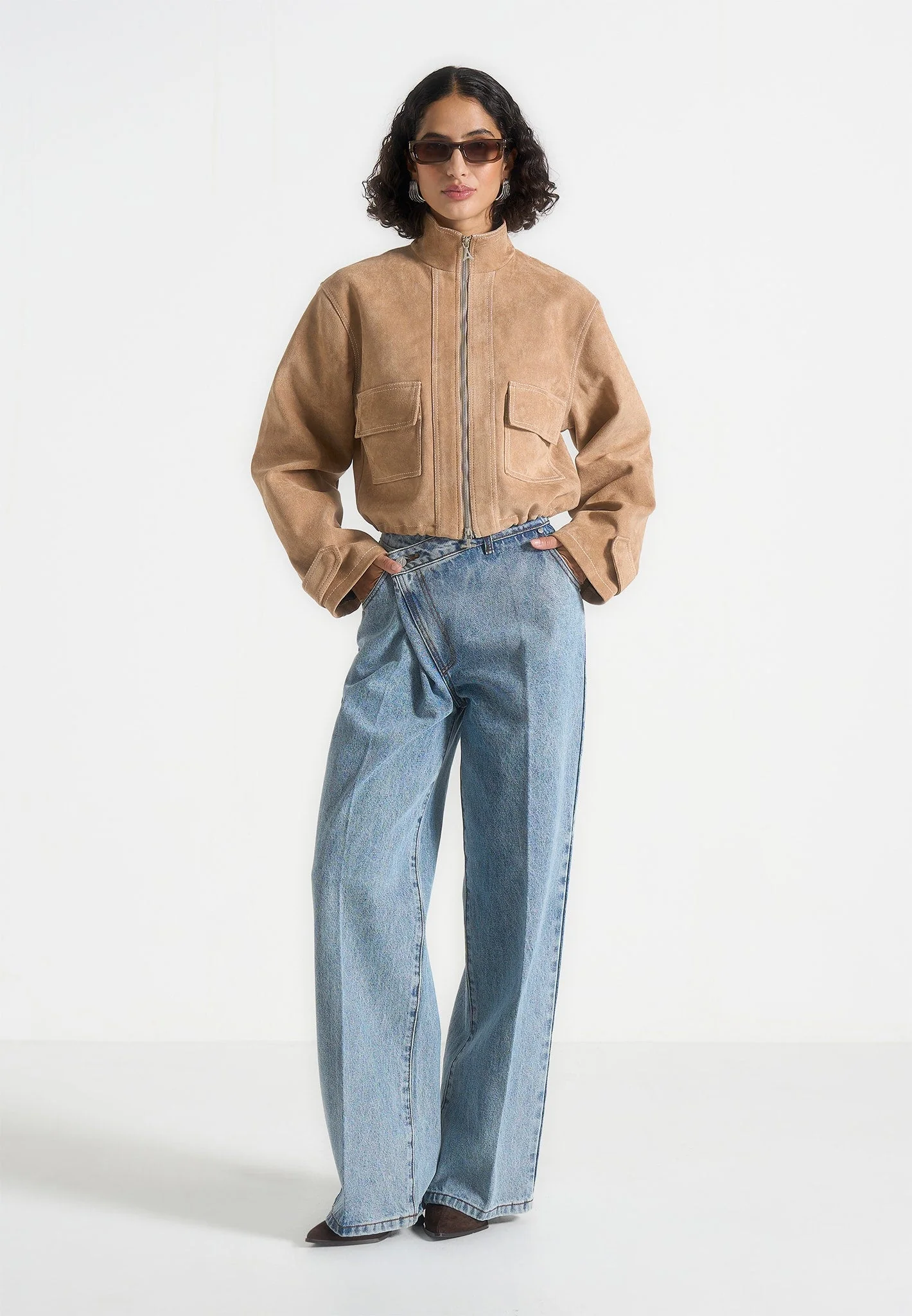 Nawel - Suede Contrast Stitch Jacket With Cinched Hem - Beige - Image 2