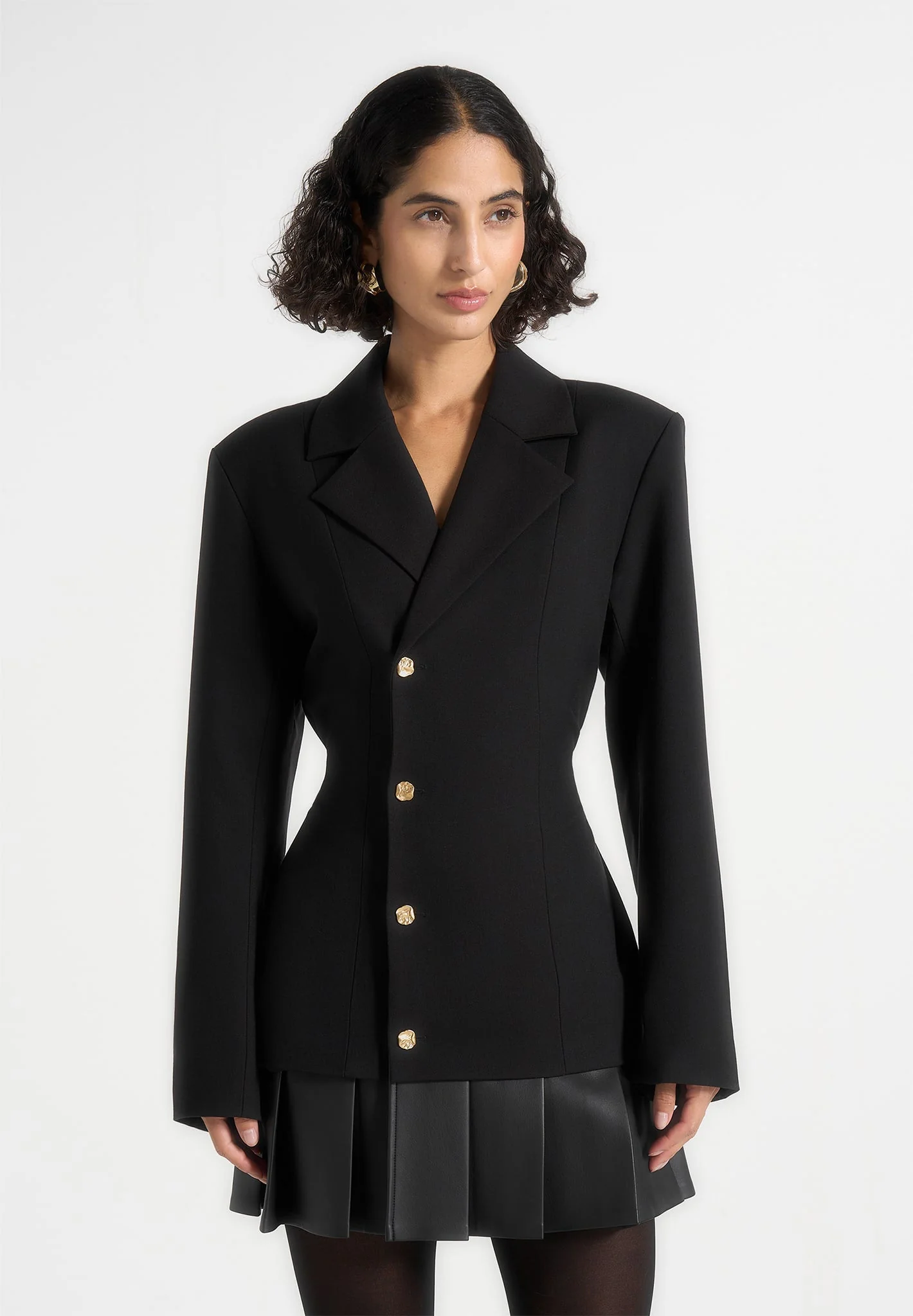 Nicole - Tailored Cinch Blazer Dress with Pleats - Black - Image 2