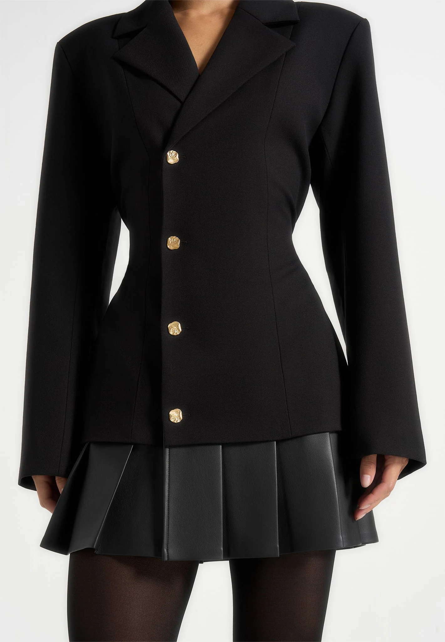 Nicole - Tailored Cinch Blazer Dress with Pleats - Black - Image 3