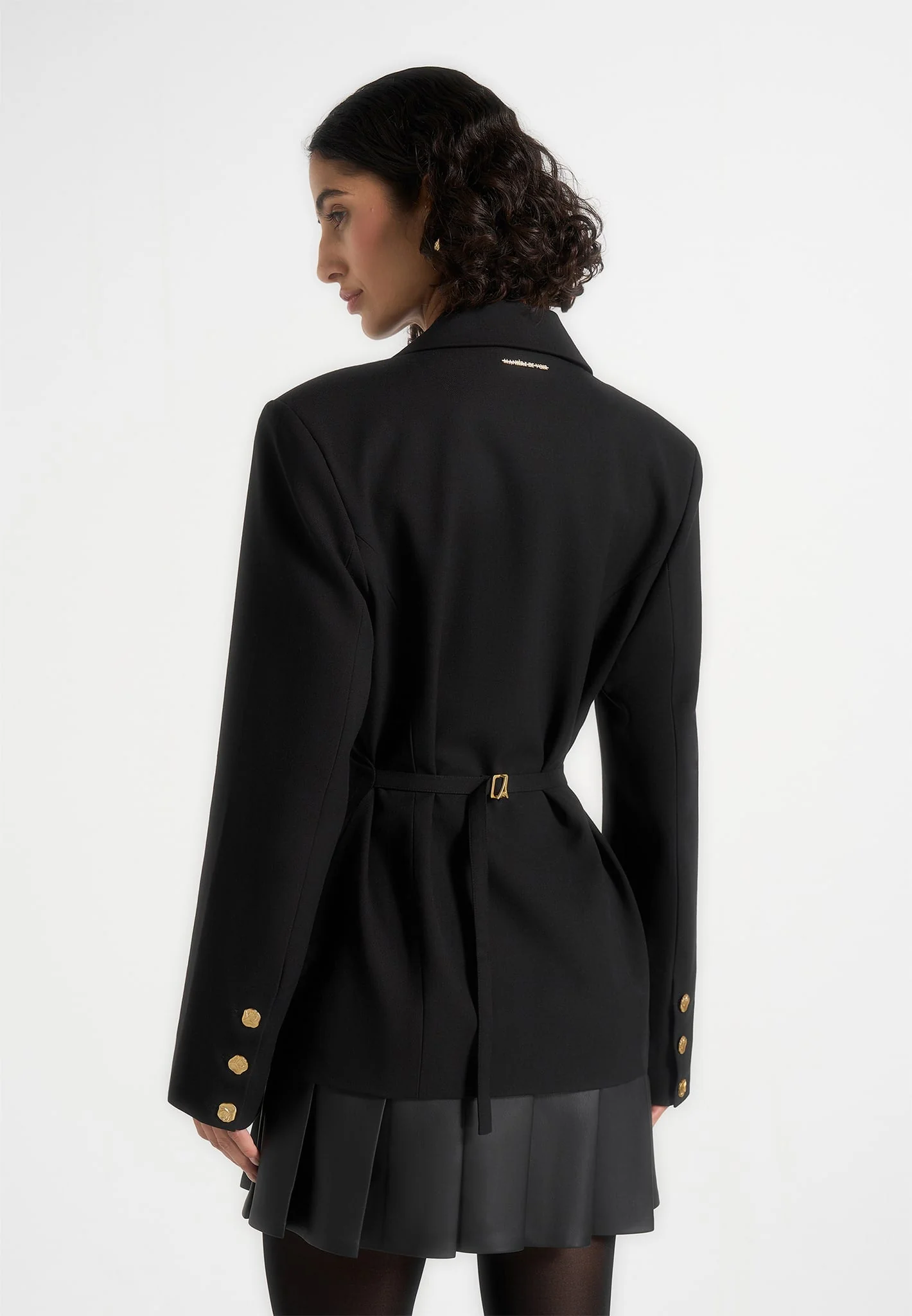 Nicole - Tailored Cinch Blazer Dress with Pleats - Black - Image 5