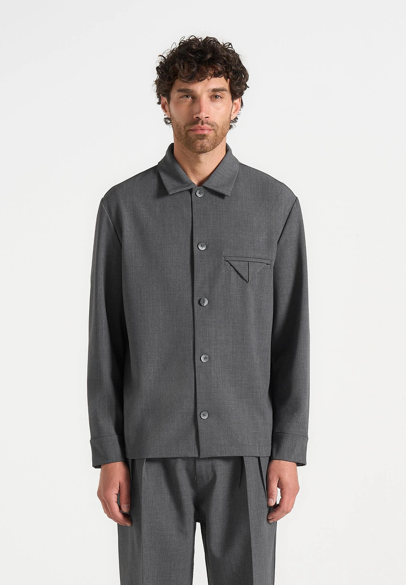 Leo - Hatched Tailored Overshirt - Grey - Image 5
