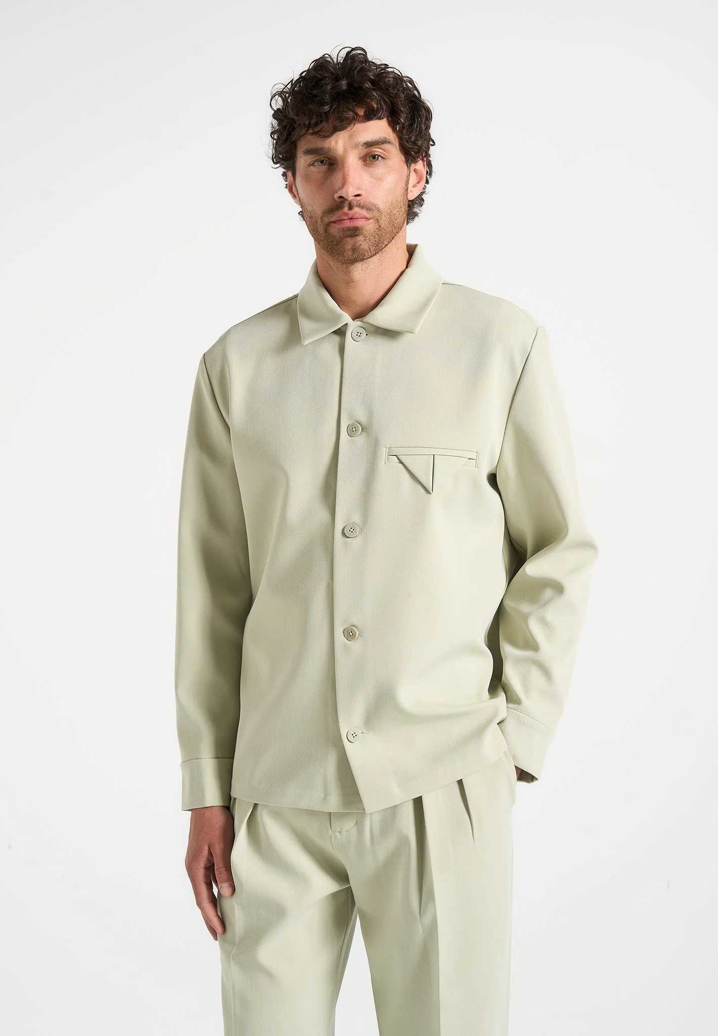 Leo - Hatched Tailored Overshirt - Sage - Image 2