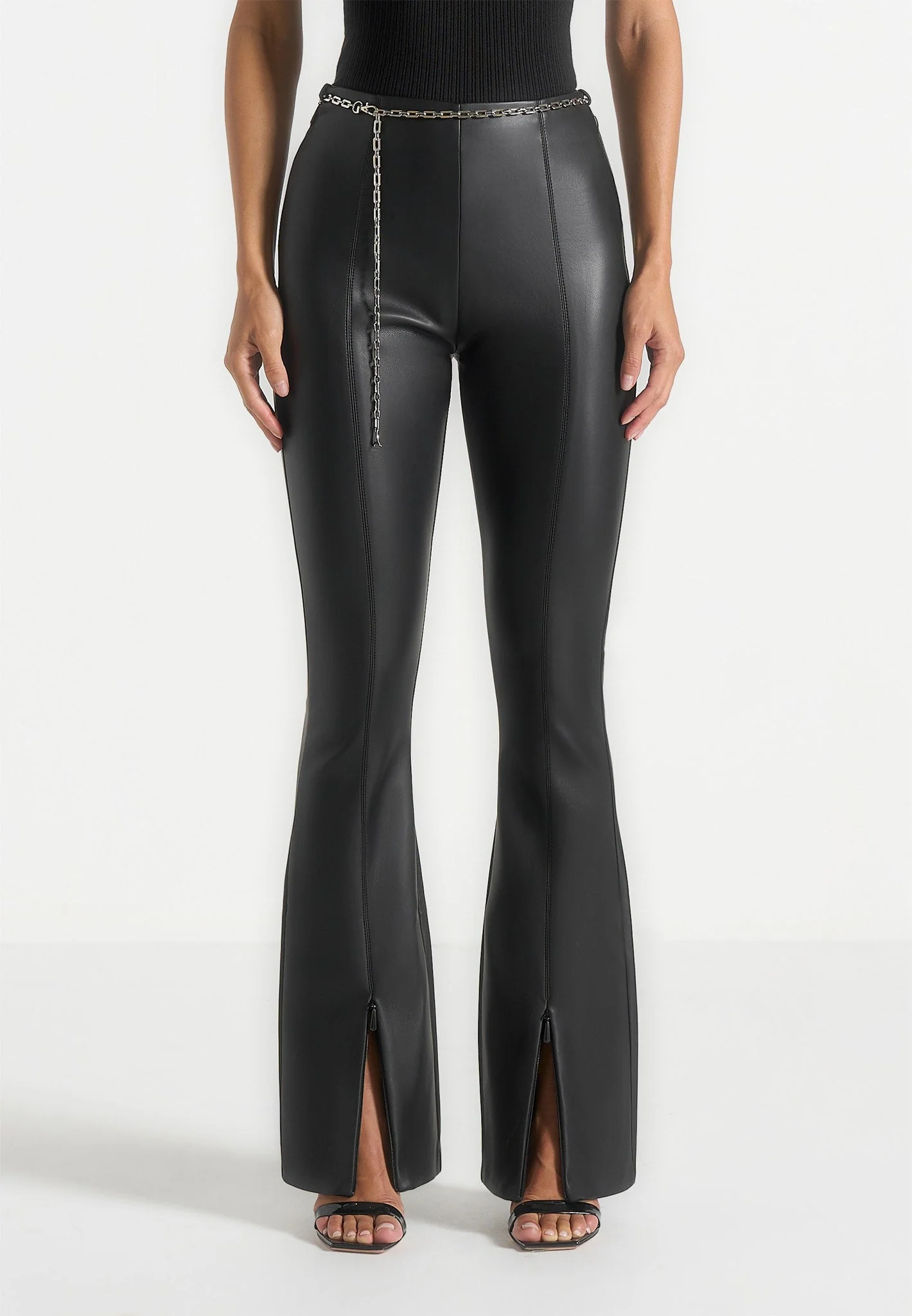 Ninon - Leather Fit And Flare Trousers With Chain - Black - Image 4
