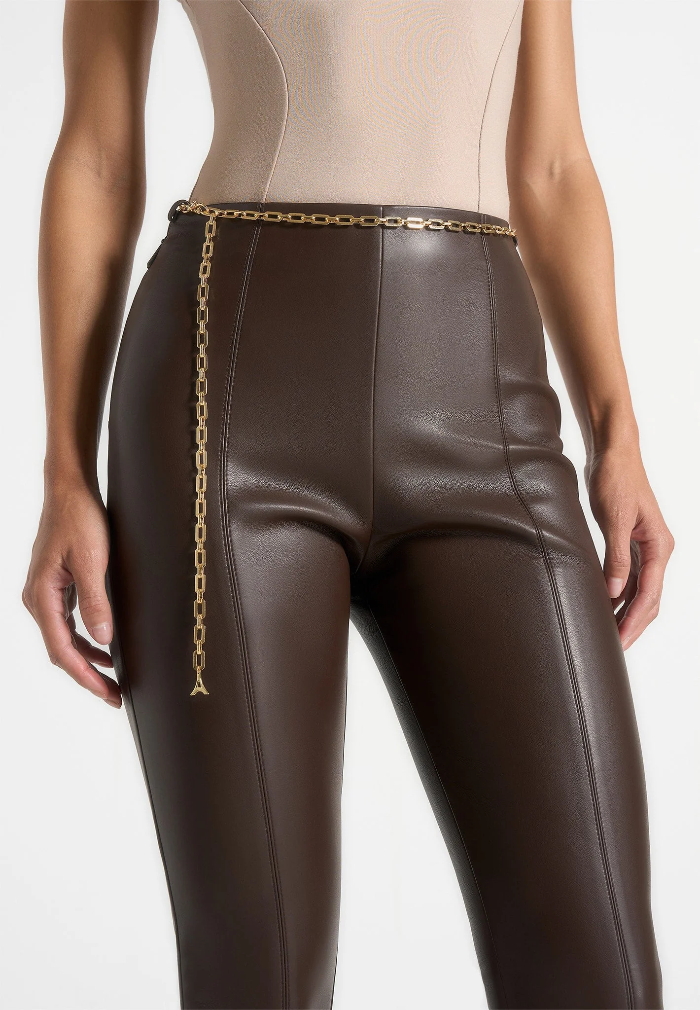 Ninon - Leather Fit And Flare Trousers With Chain - Brown - Image 3