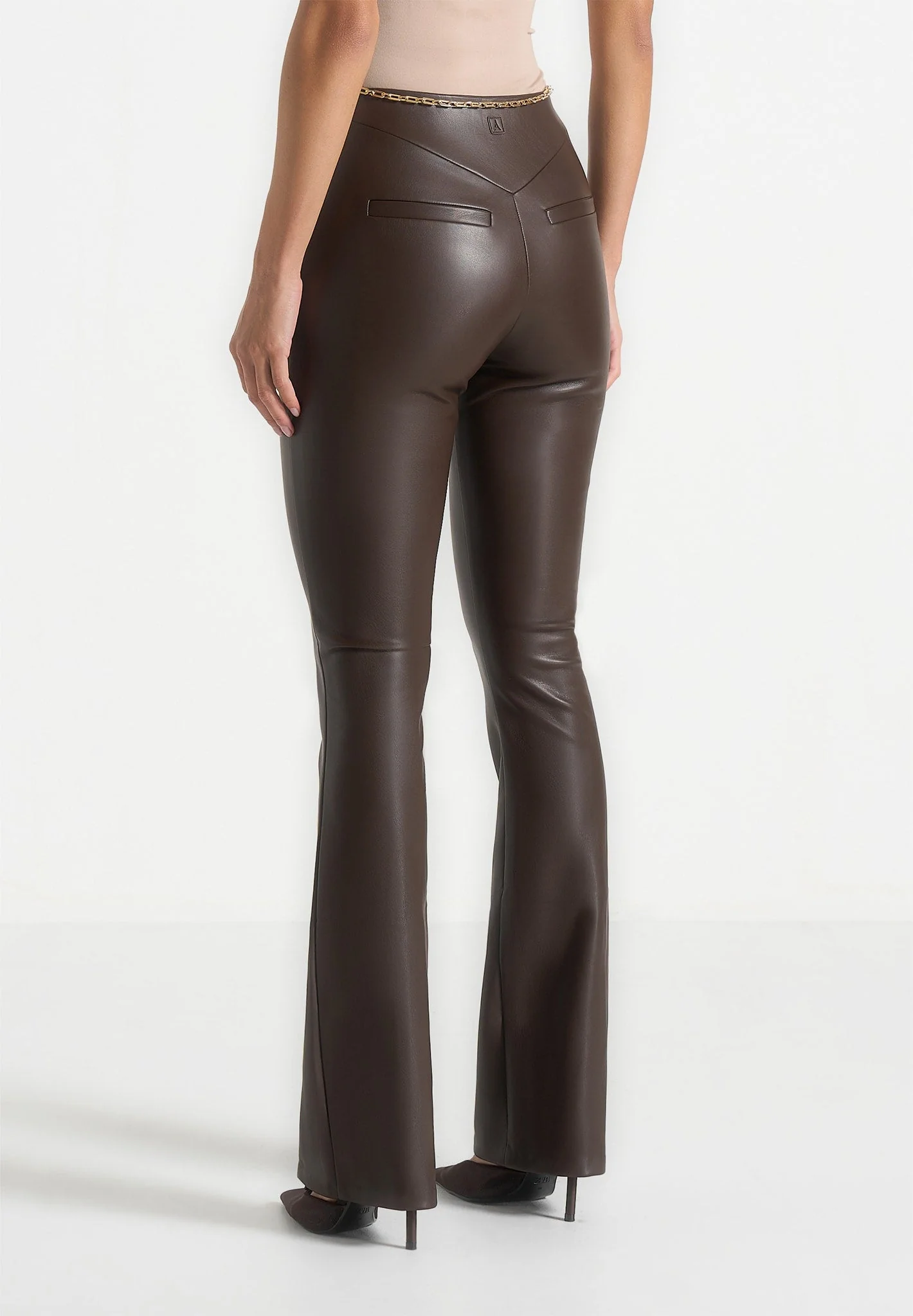 Ninon - Leather Fit And Flare Trousers With Chain - Brown - Image 6