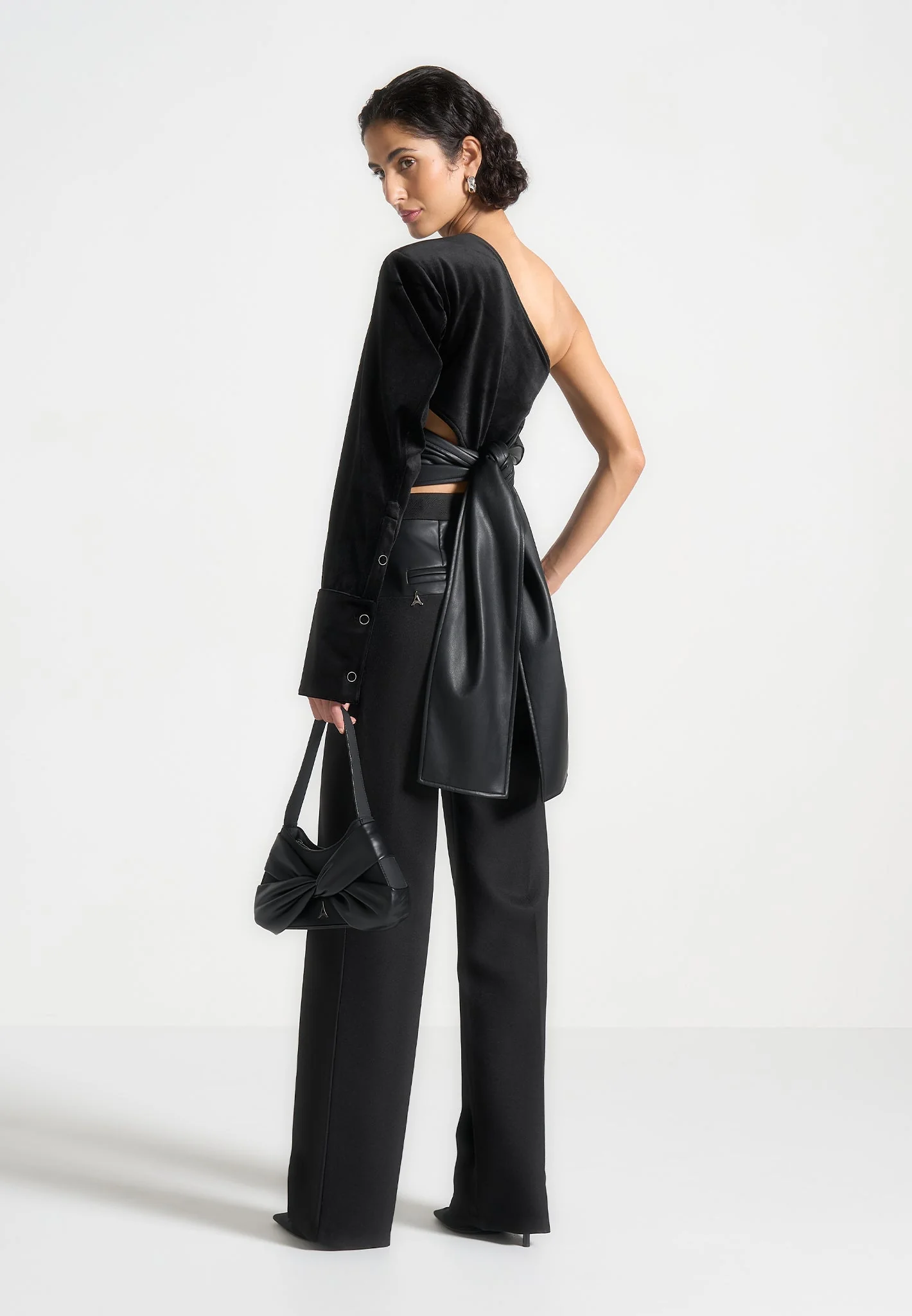 Coralie - One Sleeve Velour Wrap Top - Black - Image 3