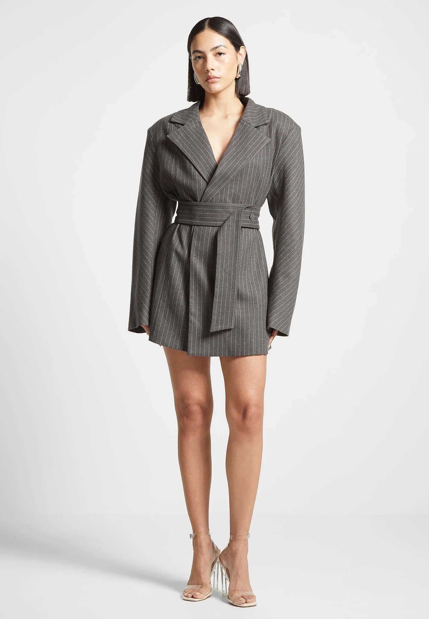 Oversized Pinstripe Blazer Dress - Grey - Image 2