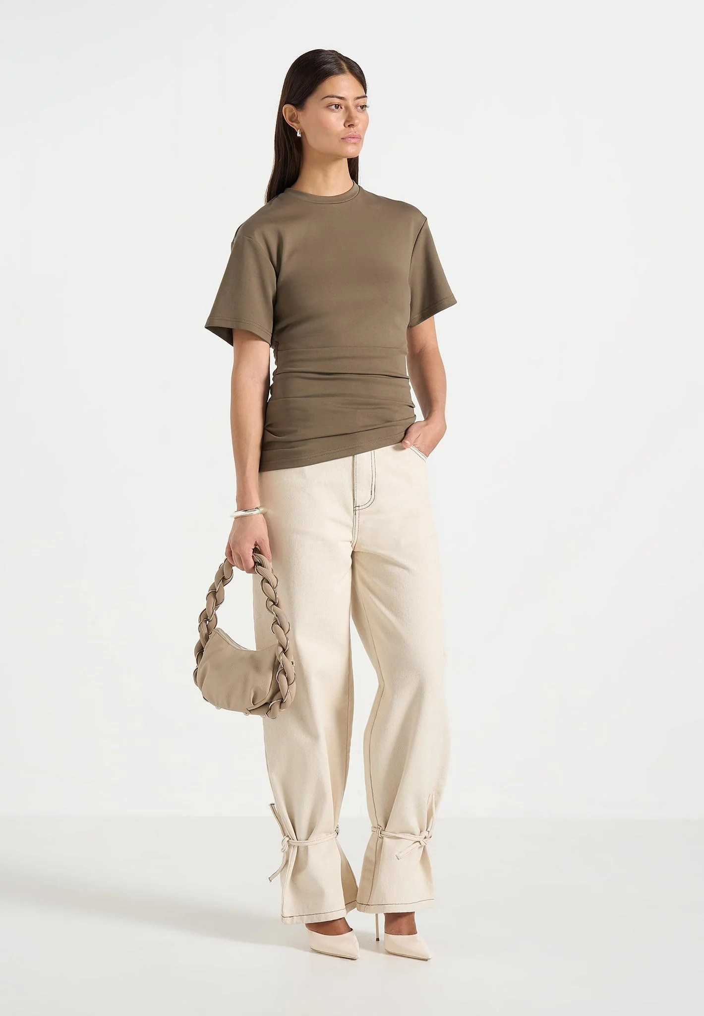 Pauline - Ruched Asymmetric Cotton T-Shirt - Olive - Image 2