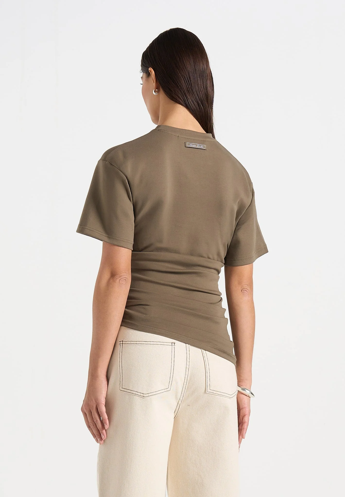 Pauline - Ruched Asymmetric Cotton T-Shirt - Olive - Image 3