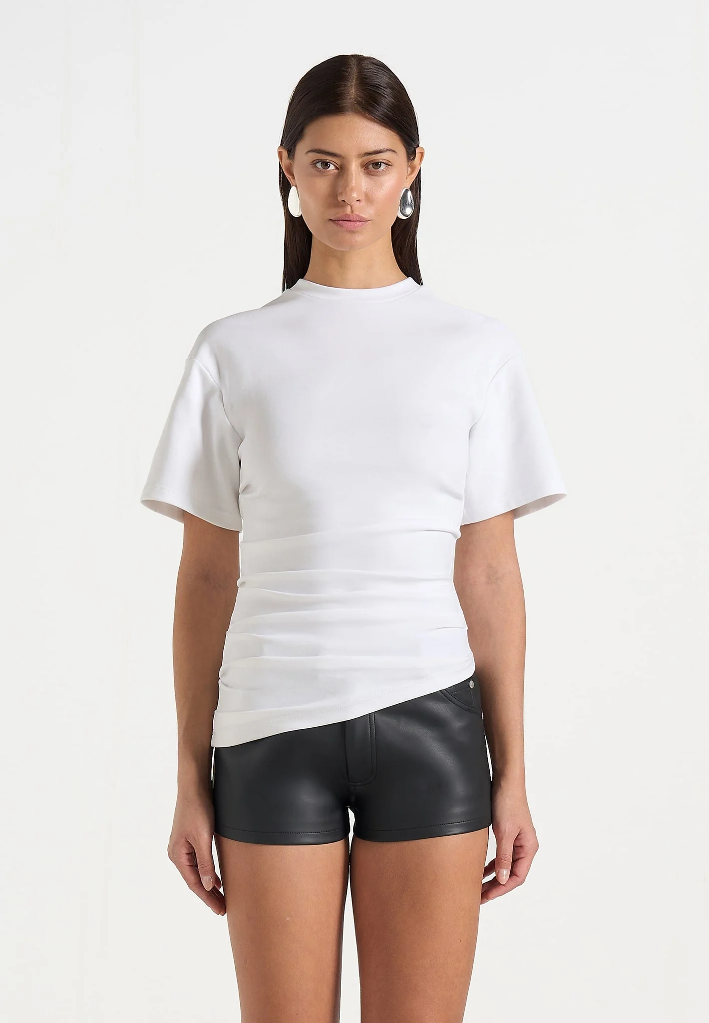 Pauline - Ruched Asymmetric Cotton T-Shirt - White - Image 2