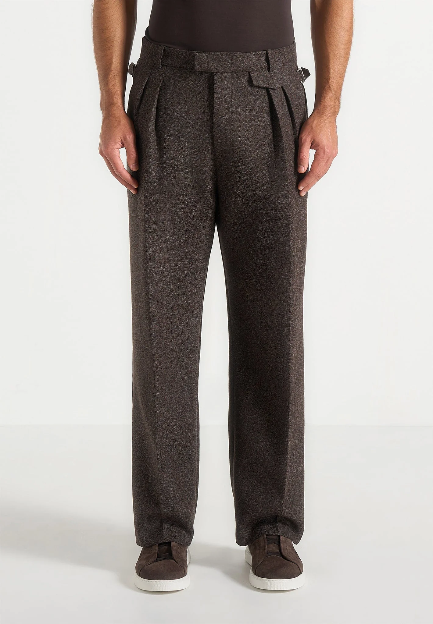 Pierre - Twin Pleat Melange Tailored Trousers - Brown - Image 4