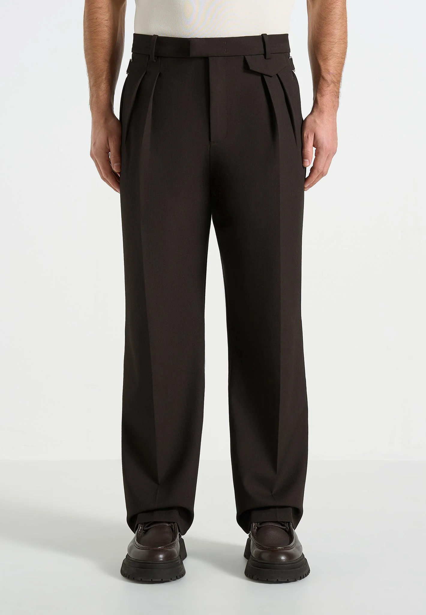 Pierre - Twin Pleat Tailored Trousers - Dark Brown