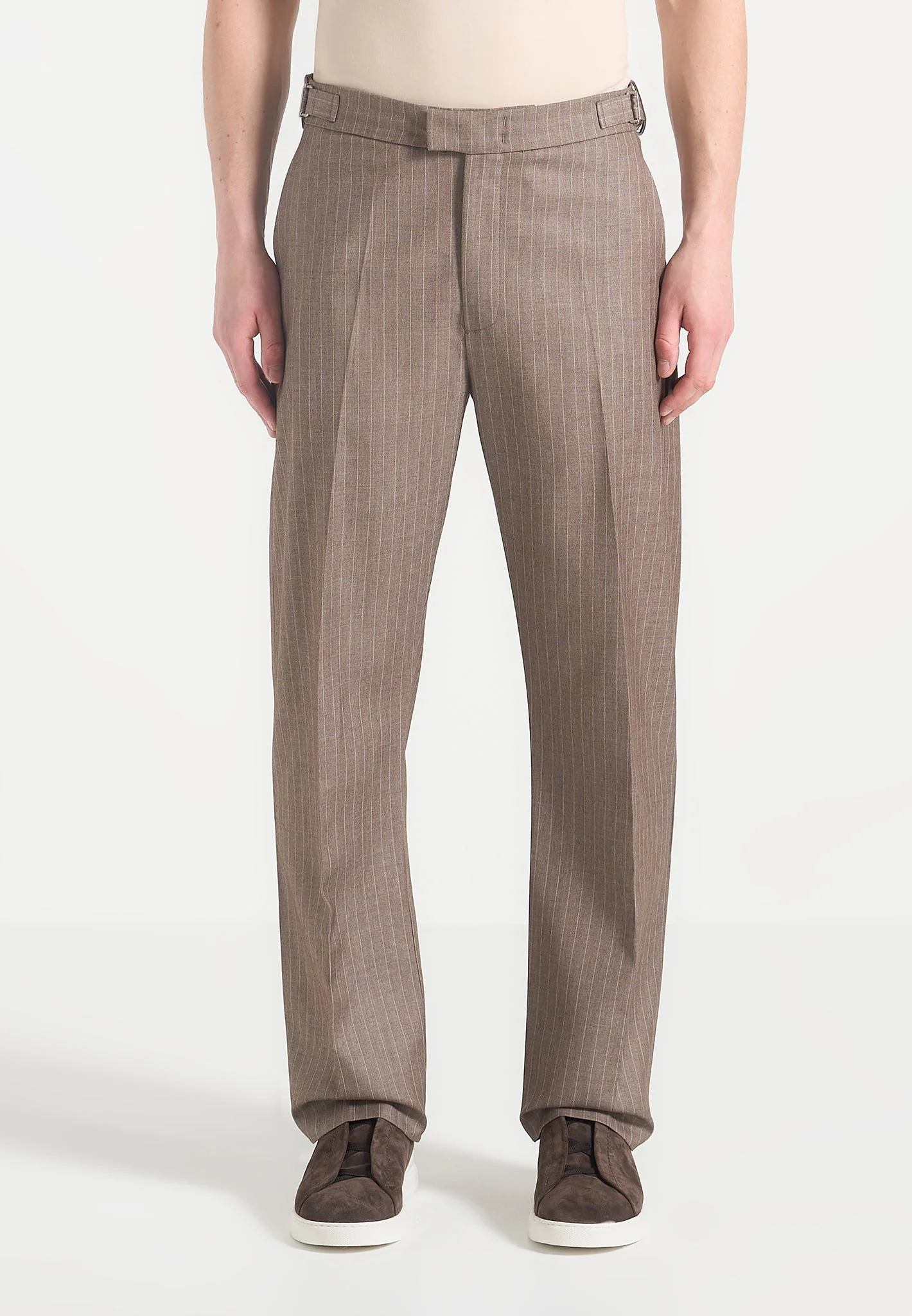 Joseph - Regular Fit Pinstripe Tailored Trousers - Taupe - Image 5