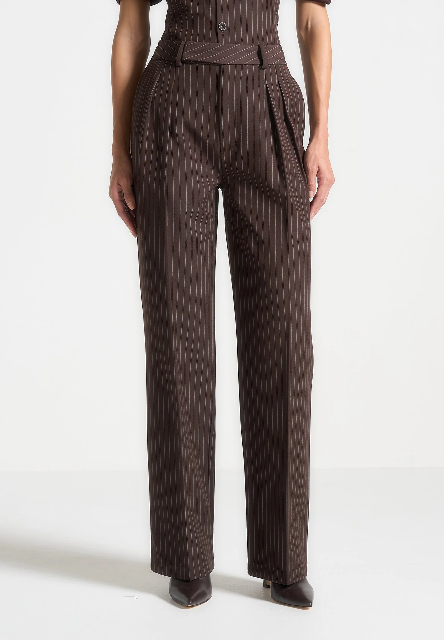 Julie - Pinstripe Twin Pleat Tailored Trousers - Brown - Image 7