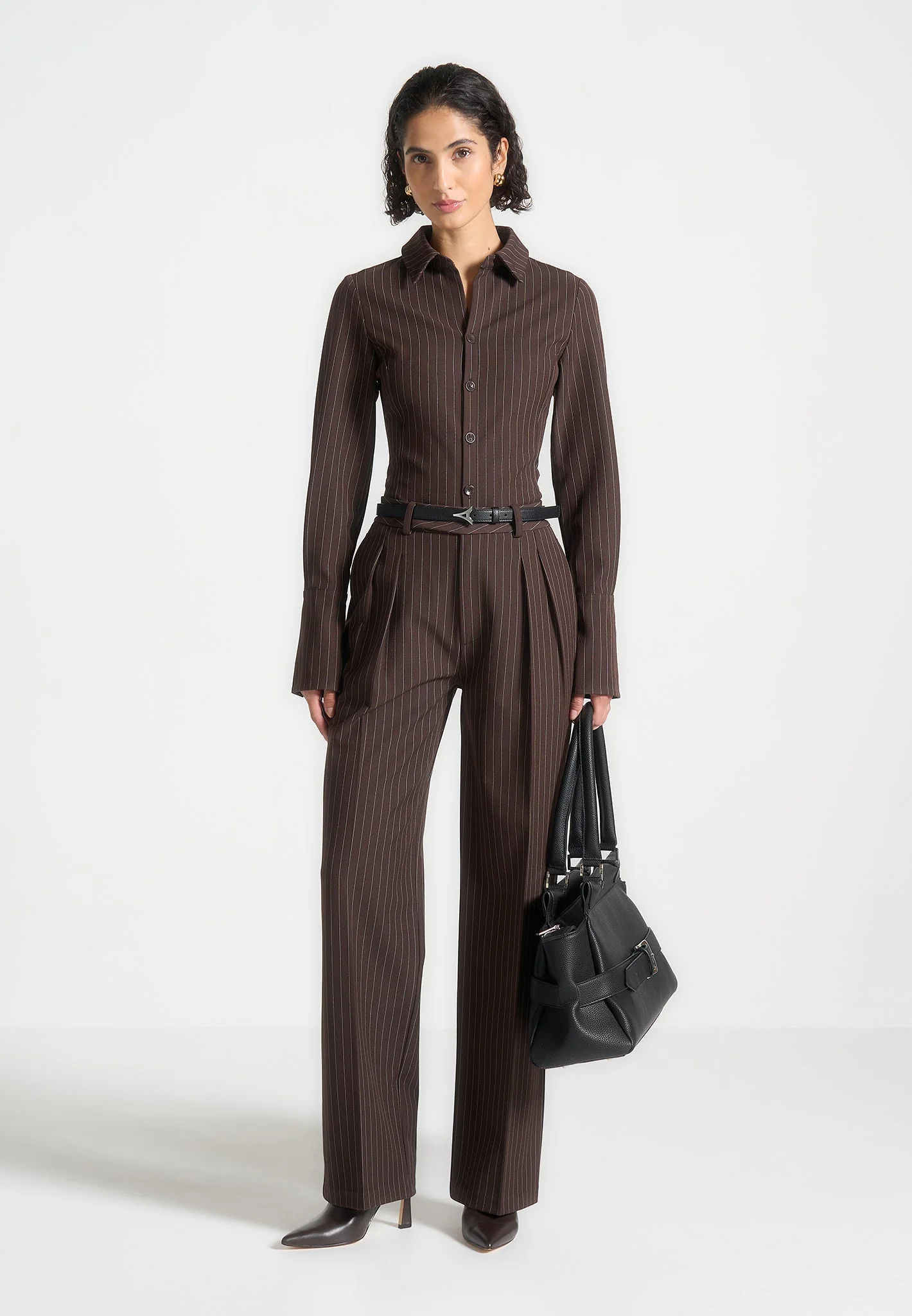 Julie - Pinstripe Twin Pleat Tailored Trousers - Brown - Image 8