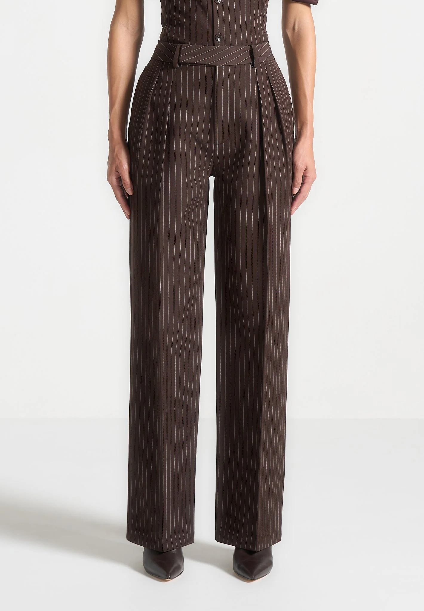 Julie - Pinstripe Twin Pleat Tailored Trousers - Brown - Image 9