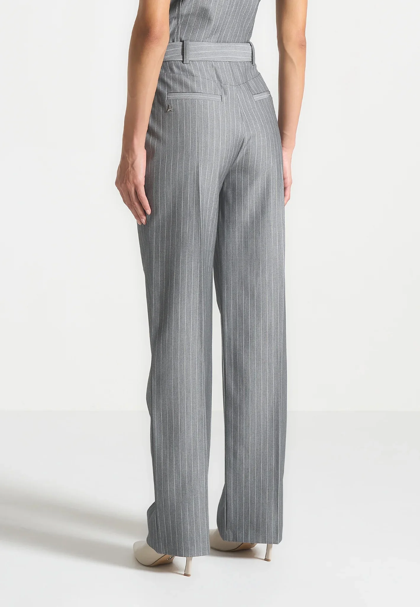 Julie - Pinstripe Twin Pleat Tailored Trousers - Grey - Image 4